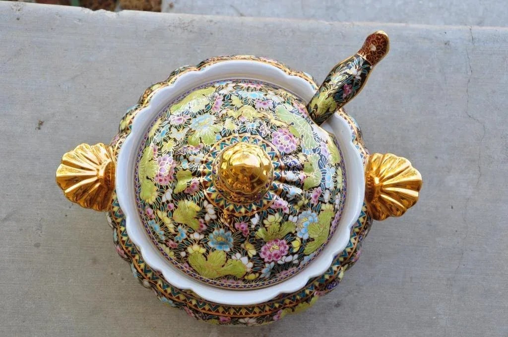 Thai Benjarong Porcelain Soup Tureen & Ladle Set With Hand-Painted Floral Decorations - 4