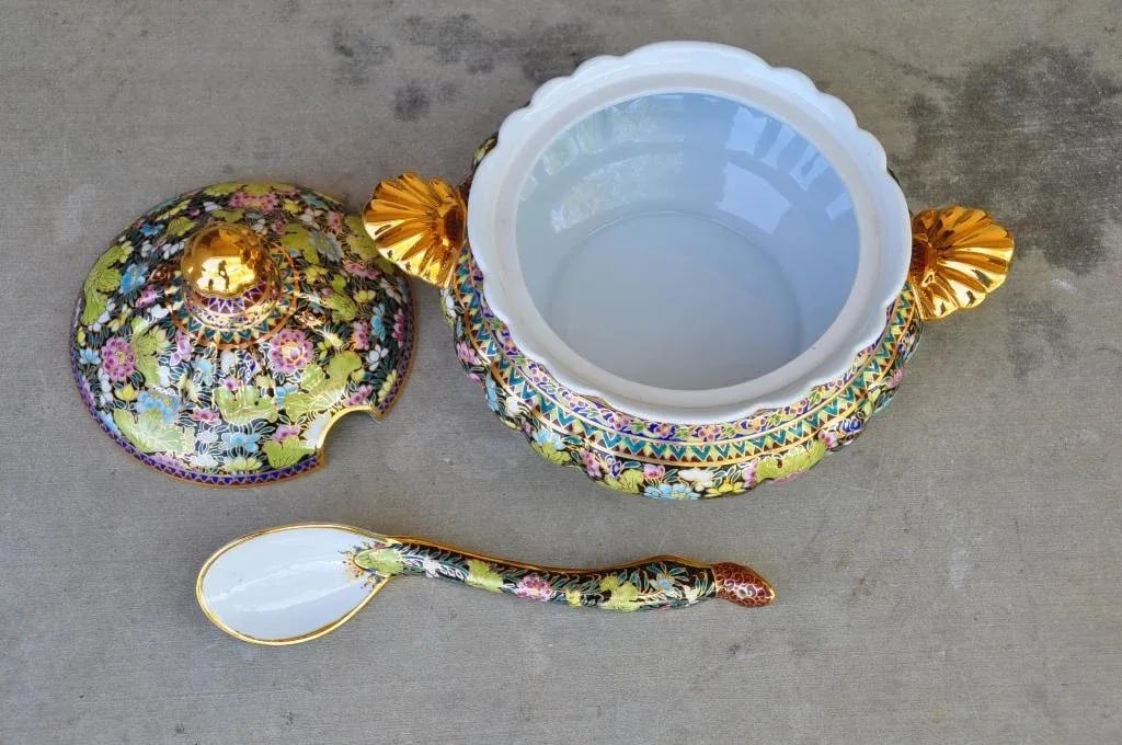 Thai Benjarong Porcelain Soup Tureen & Ladle Set With Hand-Painted Floral Decorations - 5