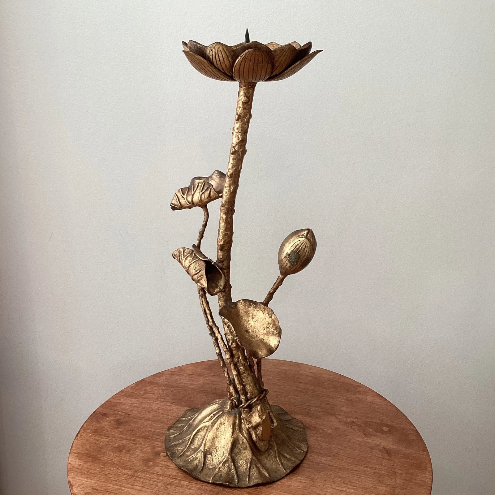 Mid Century Tall Brutalist Brass Lotus Candleholder - 13