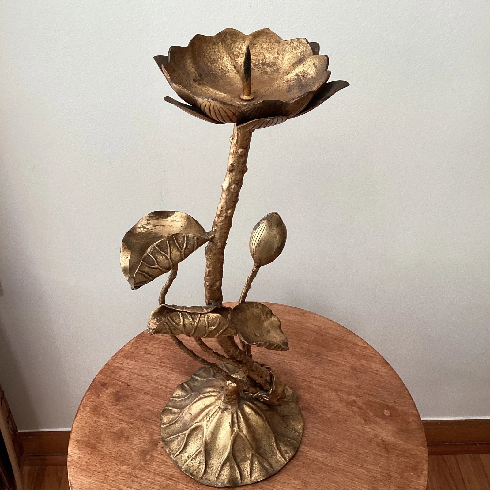 Mid Century Tall Brutalist Brass Lotus Candleholder - 2