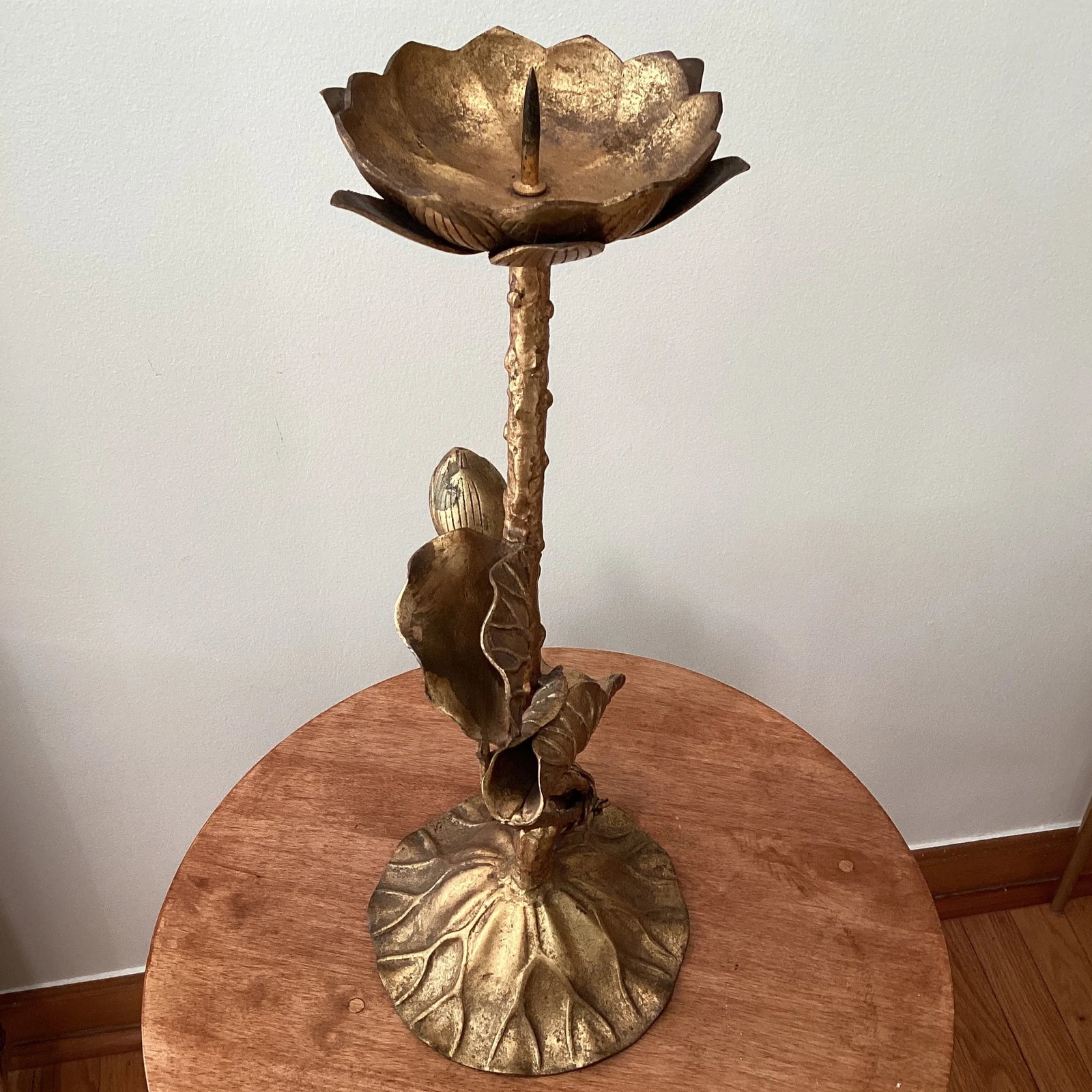 Mid Century Tall Brutalist Brass Lotus Candleholder - 3