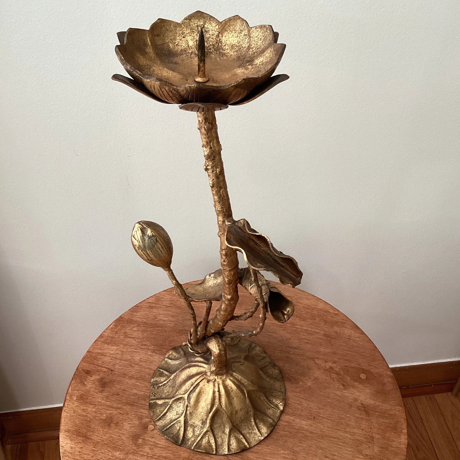 Mid Century Tall Brutalist Brass Lotus Candleholder - 4