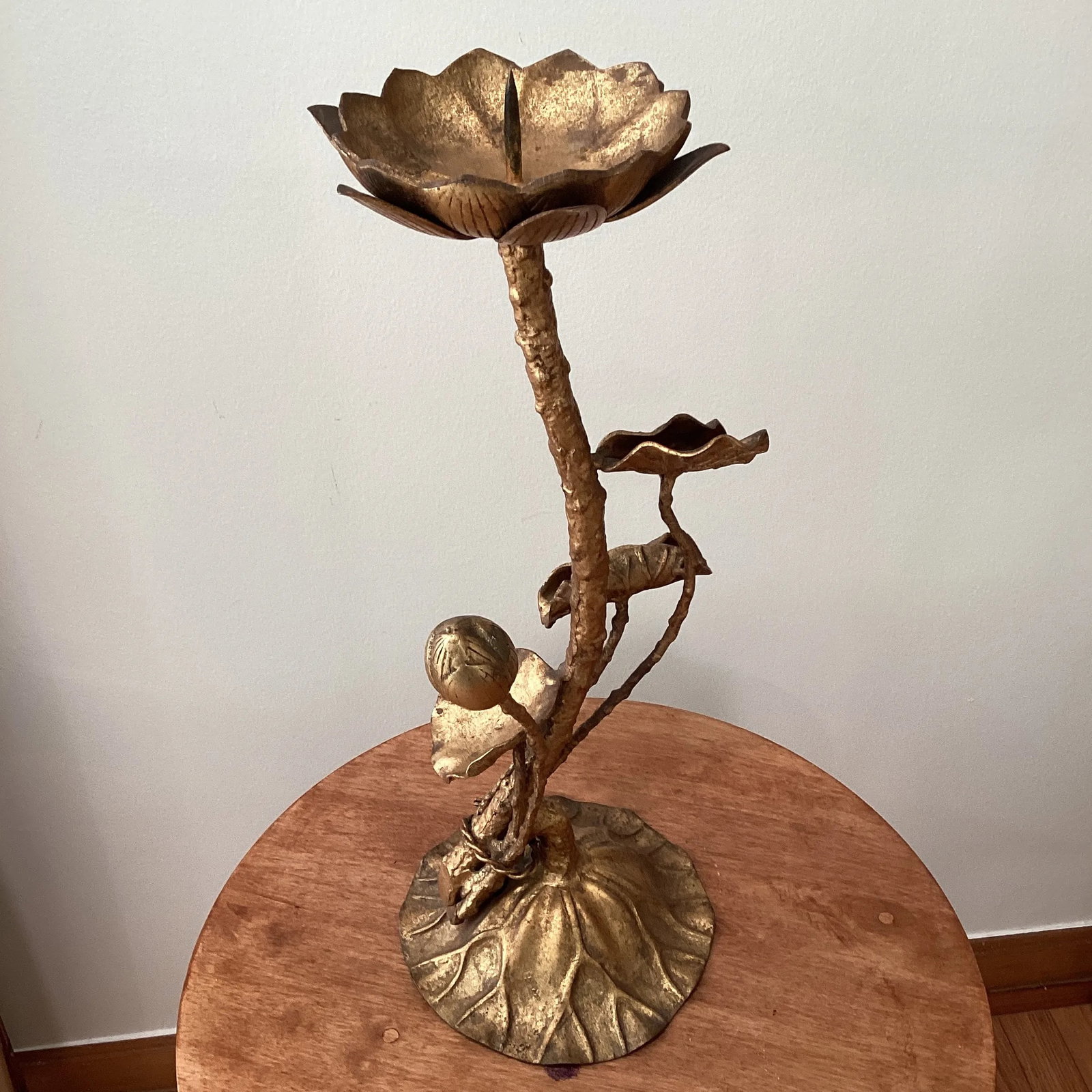 Mid Century Tall Brutalist Brass Lotus Candleholder - 5