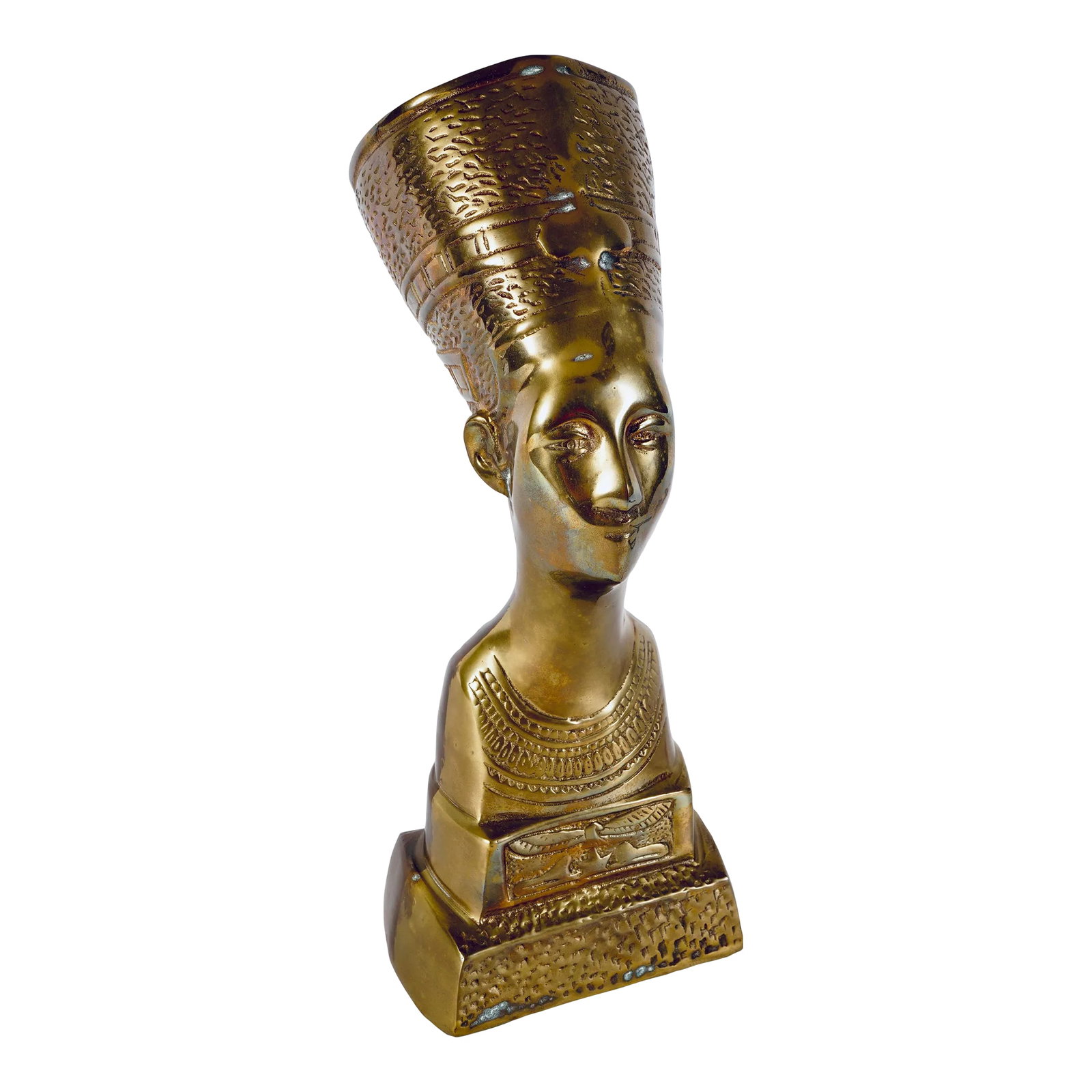 Vintage Queen Nefertiti Brass Egyptian Bust: This is a gorgeous vintage Queen Nefertiti Brass Bust cast in brass. A Unique accent statue for your home or office. Condition: Alterations: Original Condition Unaltered Imperfections: Some
