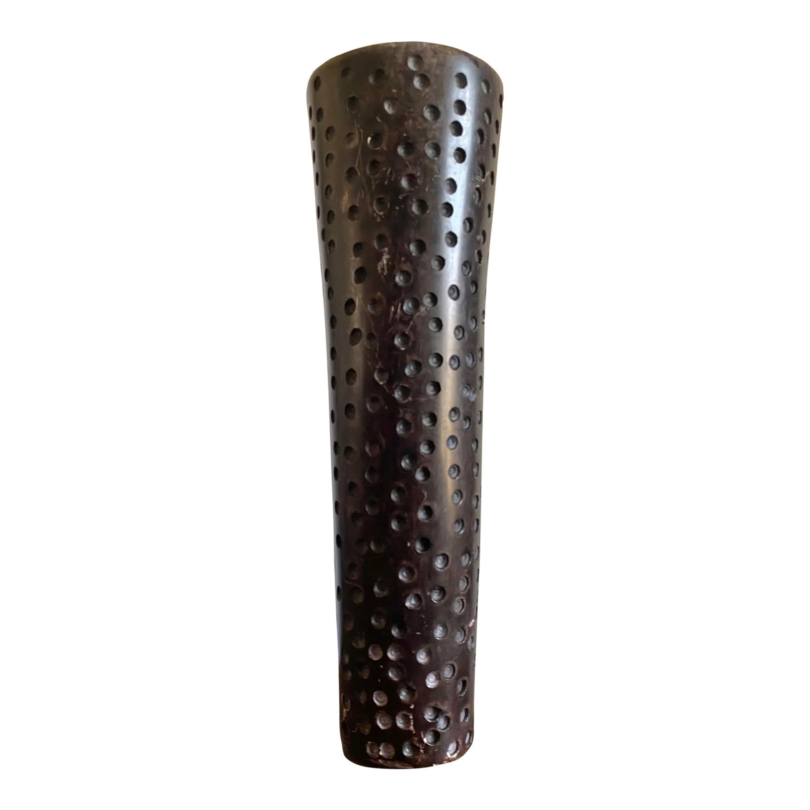 Carved Slim Modernist Besmo Soapstone Vase (Kenya) + Driftwood Stand: One of a kind, hand-perforated detail to entire surface of this solid slim, tall, Kenyan Besmo Soapstone vase with driftwood stand. The combination of colors, textures and elements is perfection. We h