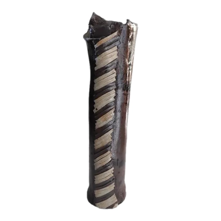 1970s Hand Made Raku Tall Pottery Vase: Hand Made raku tall pottery vase from 1970s. Marked R on the side. Collectible brown pottery. Approx. 4.5"X4.5"X19.75"H. Excellent condition with all inconsistencies characteristic to a hand made