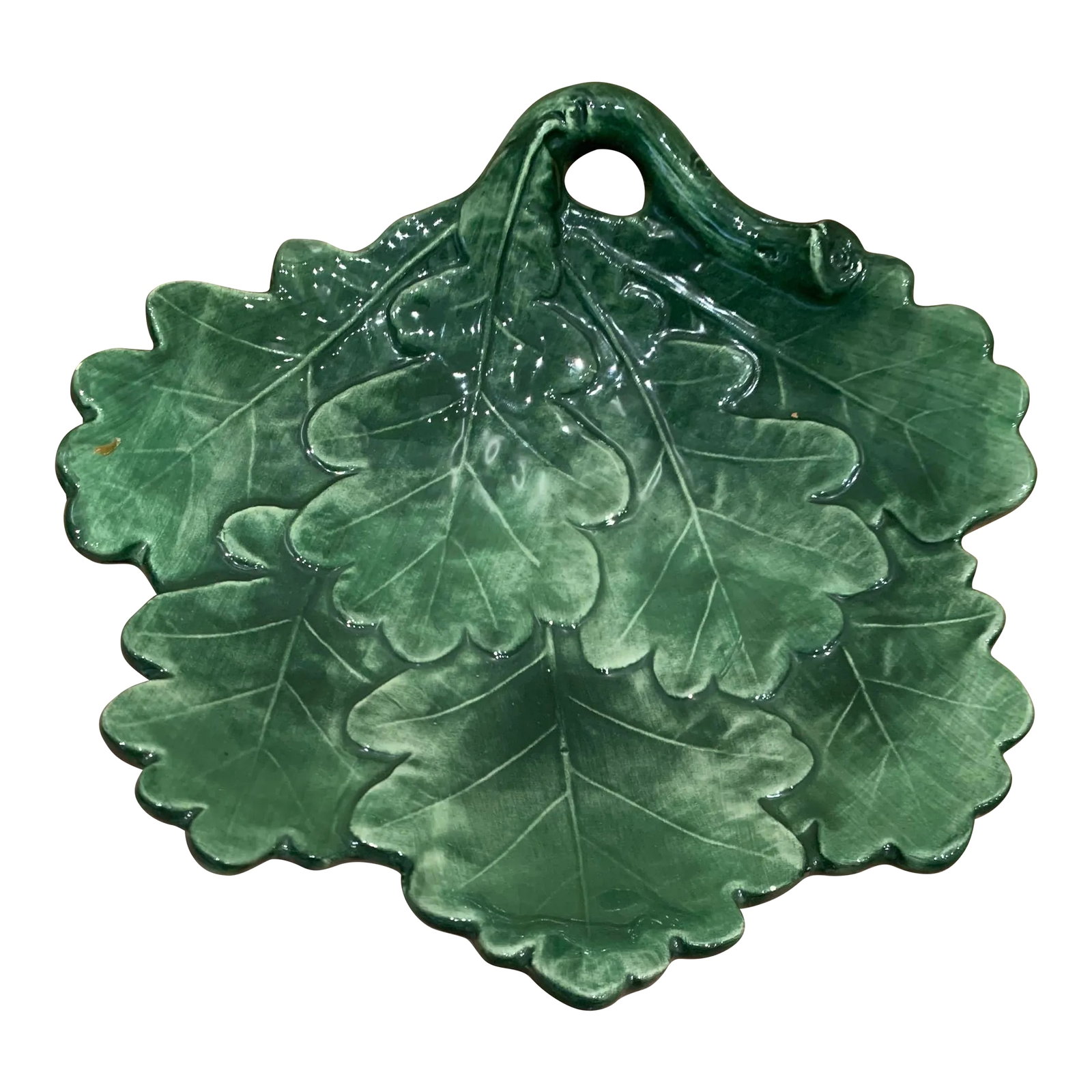 Mid 20th Century Italian Majolica Leaf Bowl: Vintage Italian Majolica Serving Bowl. Green glaze on ceramic with leaf pattern. Condition: Alterations: Original Condition Unaltered Imperfections: Some Imperfections Condition Notes: Like new