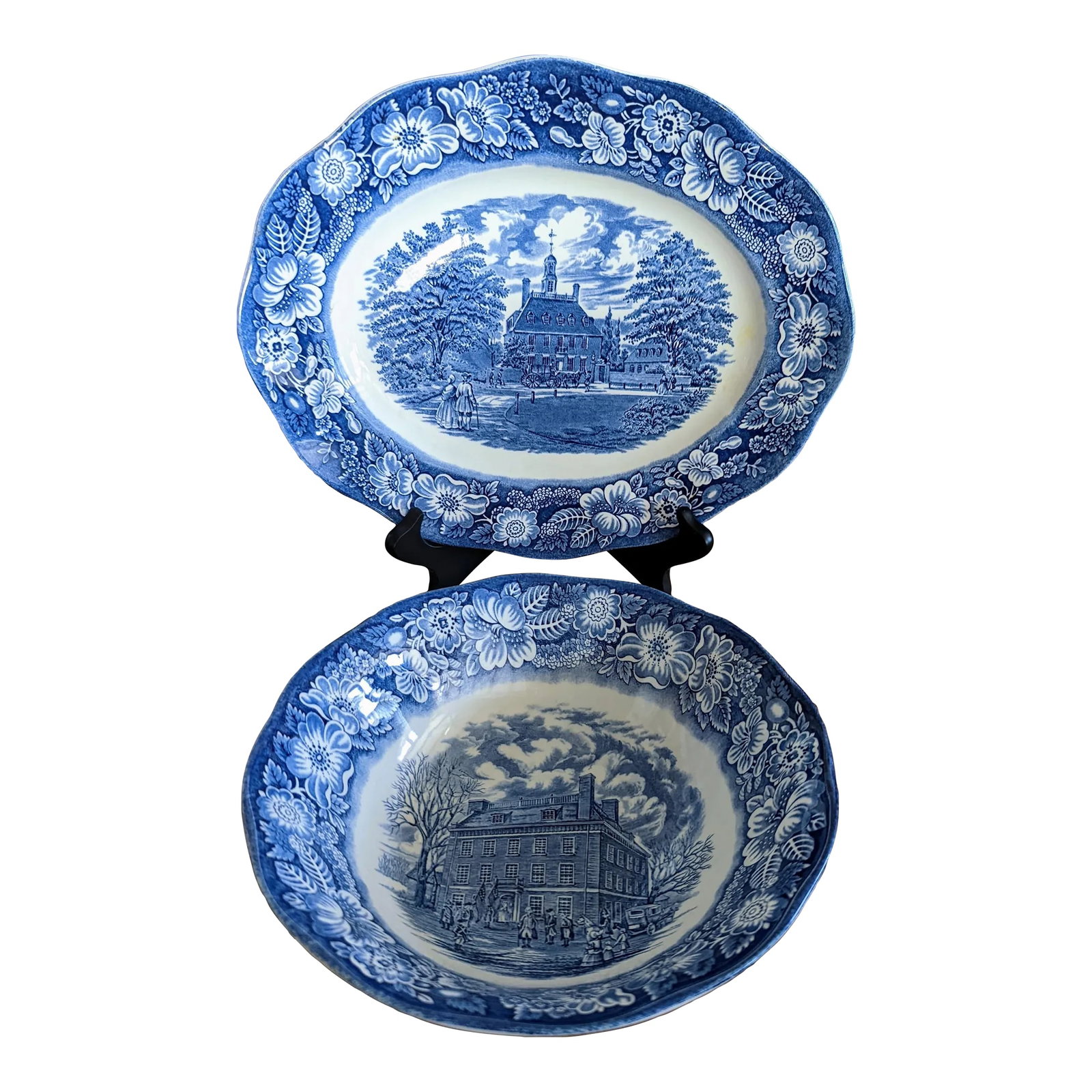 1970s Staffordshire Liberty Blue Oval Serving Dish and Bowl Set- 2 Pieces (1 of 6)