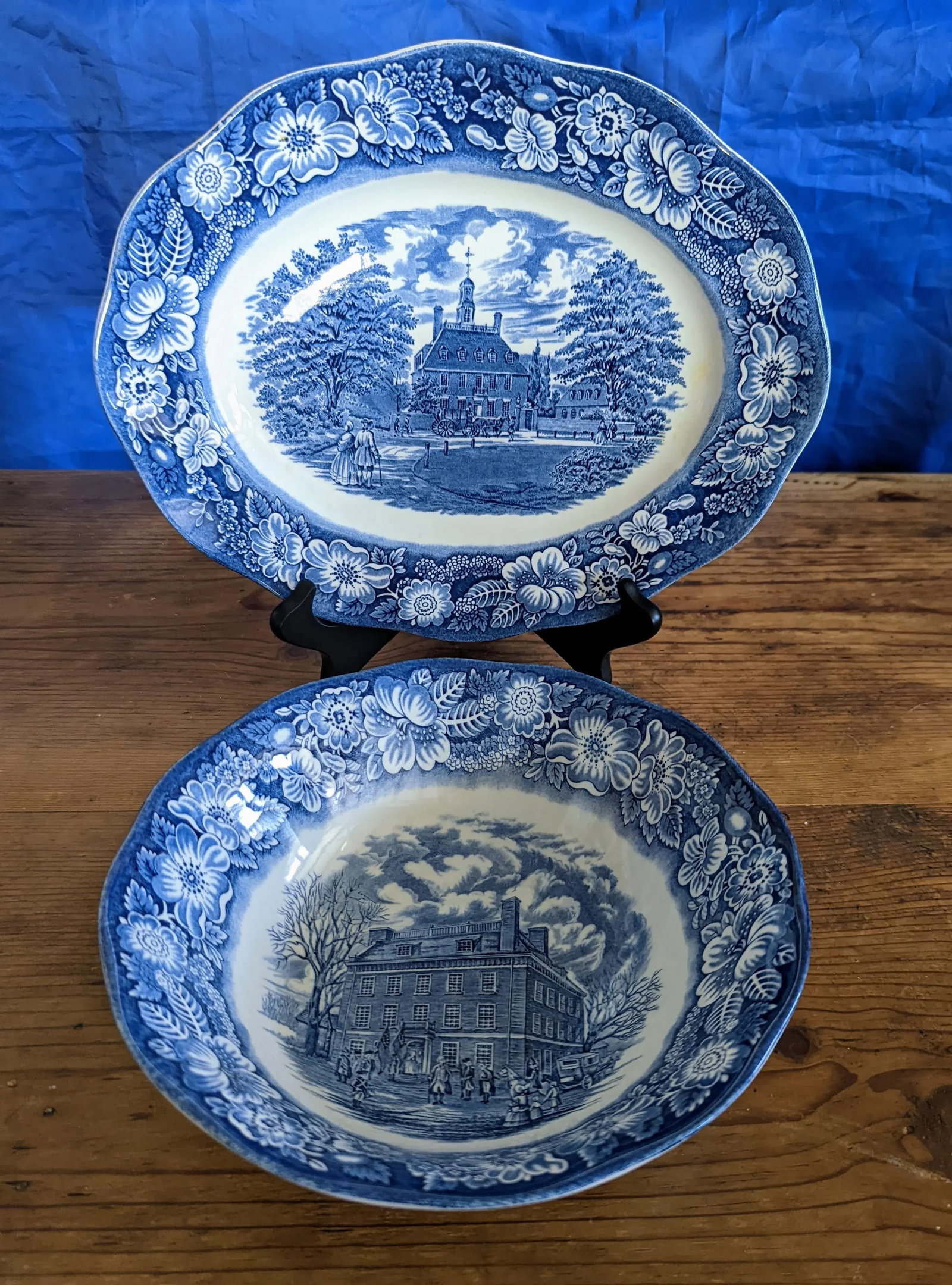 1970s Staffordshire Liberty Blue Oval Serving Dish and Bowl Set- 2 Pieces - 6