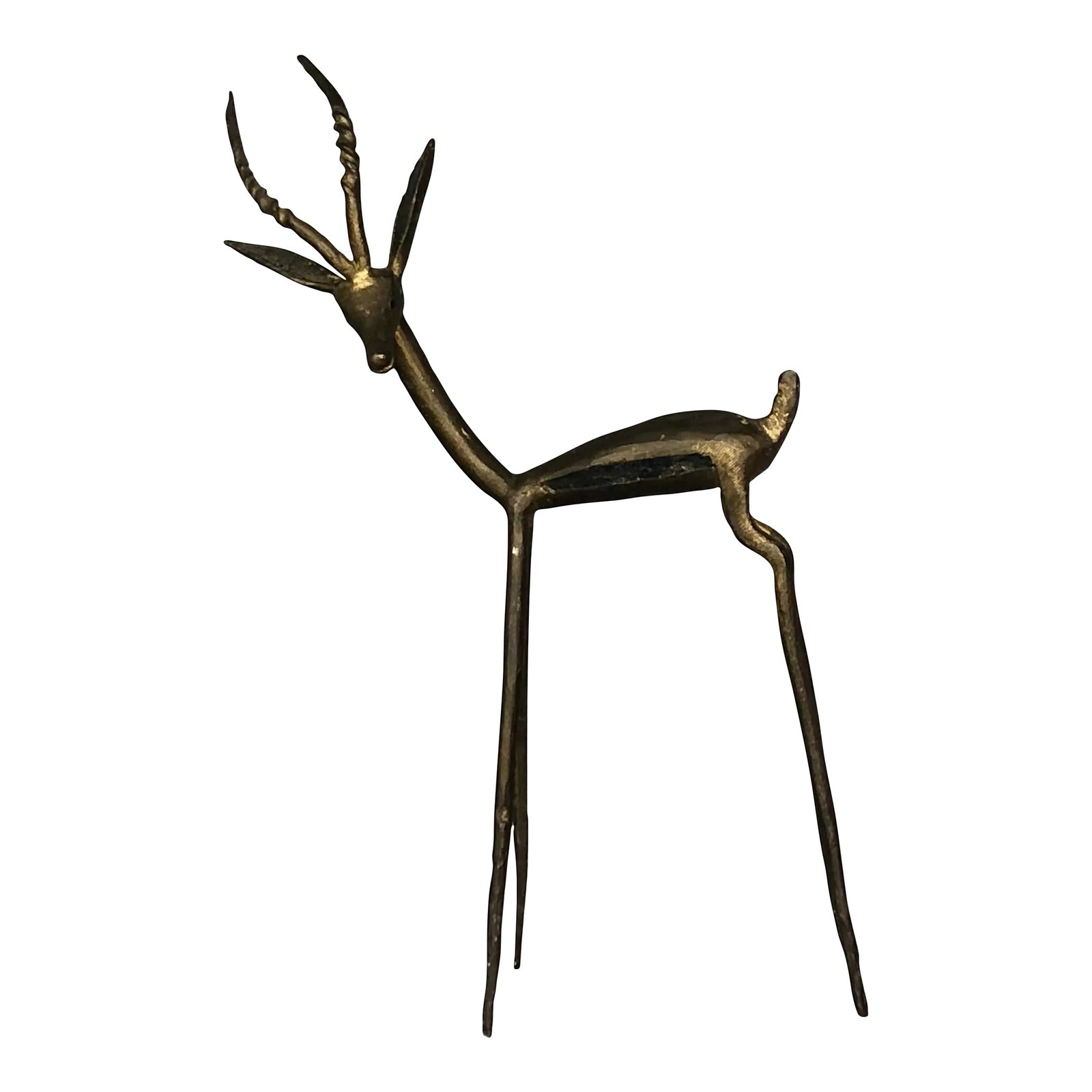 Vintage African Bronze Gazelle Sculpture: This vintage African bronze gazelle sculpture would make an interesting home decor accent on a living room shelf or entry hall console table. Hand molded from bronze metal, the stylized gazelle has
