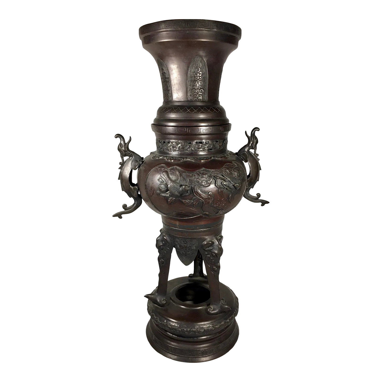 Antique Monumental Japanese Meiji Era Bronze Vase: Japanese 19th century Meiji era bronze vase. High relief imagery of nature with birds and foliage accompanied by dragon handles an elephant legs. Two pieces as shown. Extensively decorated Condition: