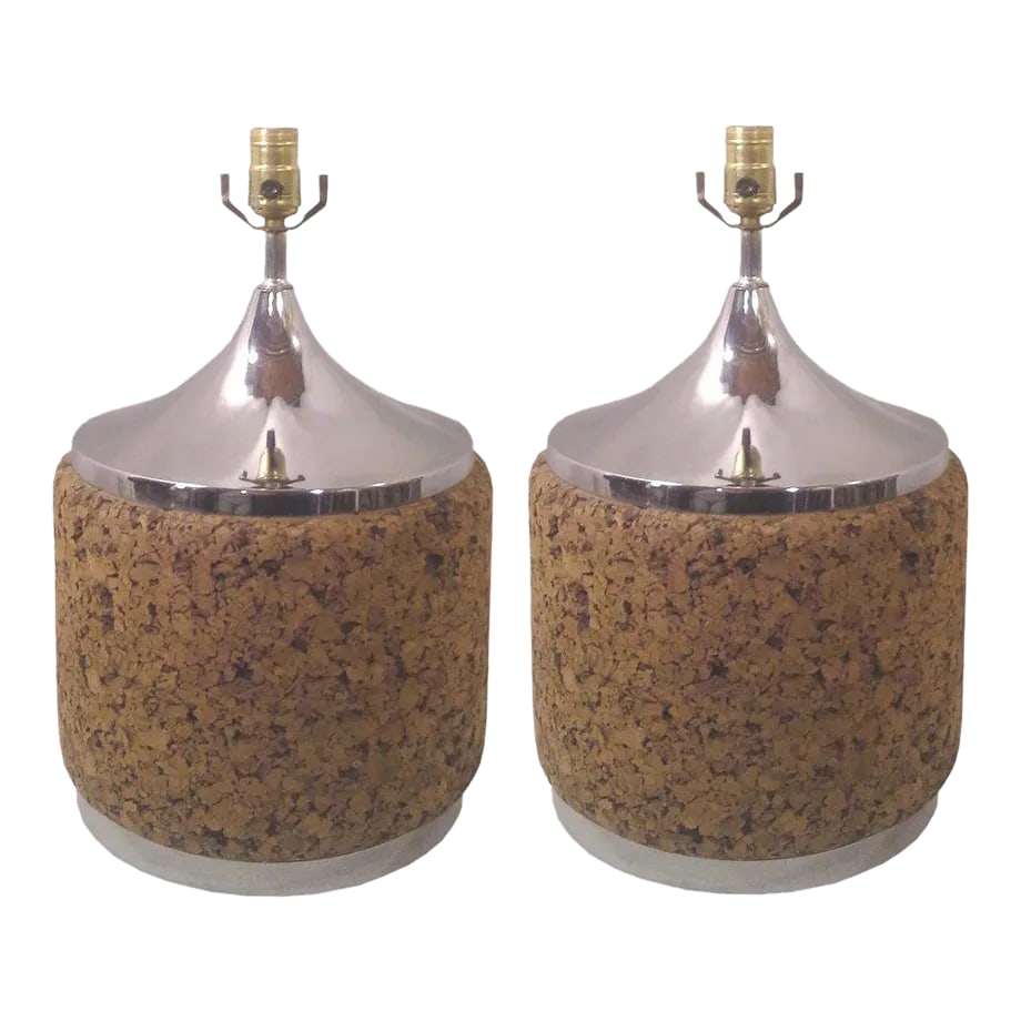 Mid-Century Chrome and Cork Table Lamps-A Pair: A pair of Mid-Century Modern natural cork table lamps with chrome accents. These vintage table lamps have great presence and would look great with drum lamp shades or tall cylindrical lamp shades