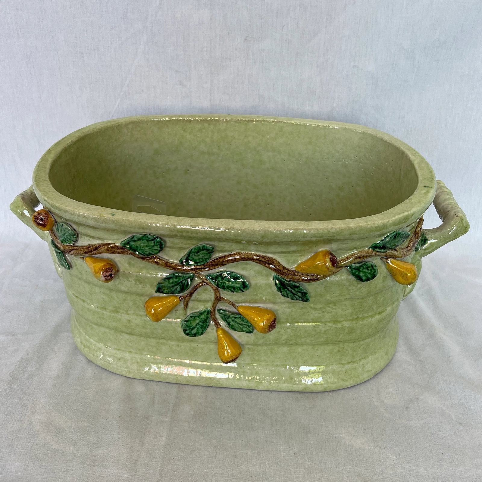 Italian Hand Painted Oval Shape Ceramic Center Piece/Planter Featuring Pear on the Branch Design - 12