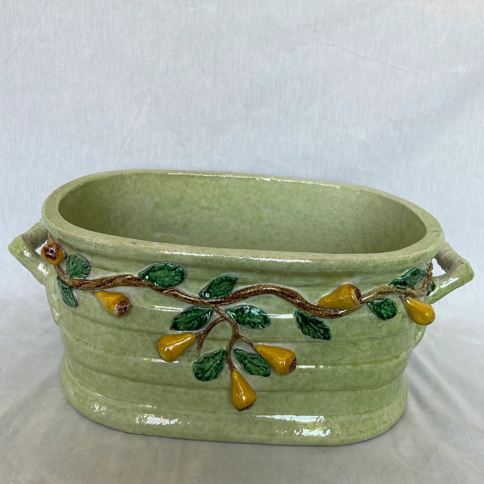 Italian Hand Painted Oval Shape Ceramic Center Piece/Planter Featuring Pear on the Branch Design - 13