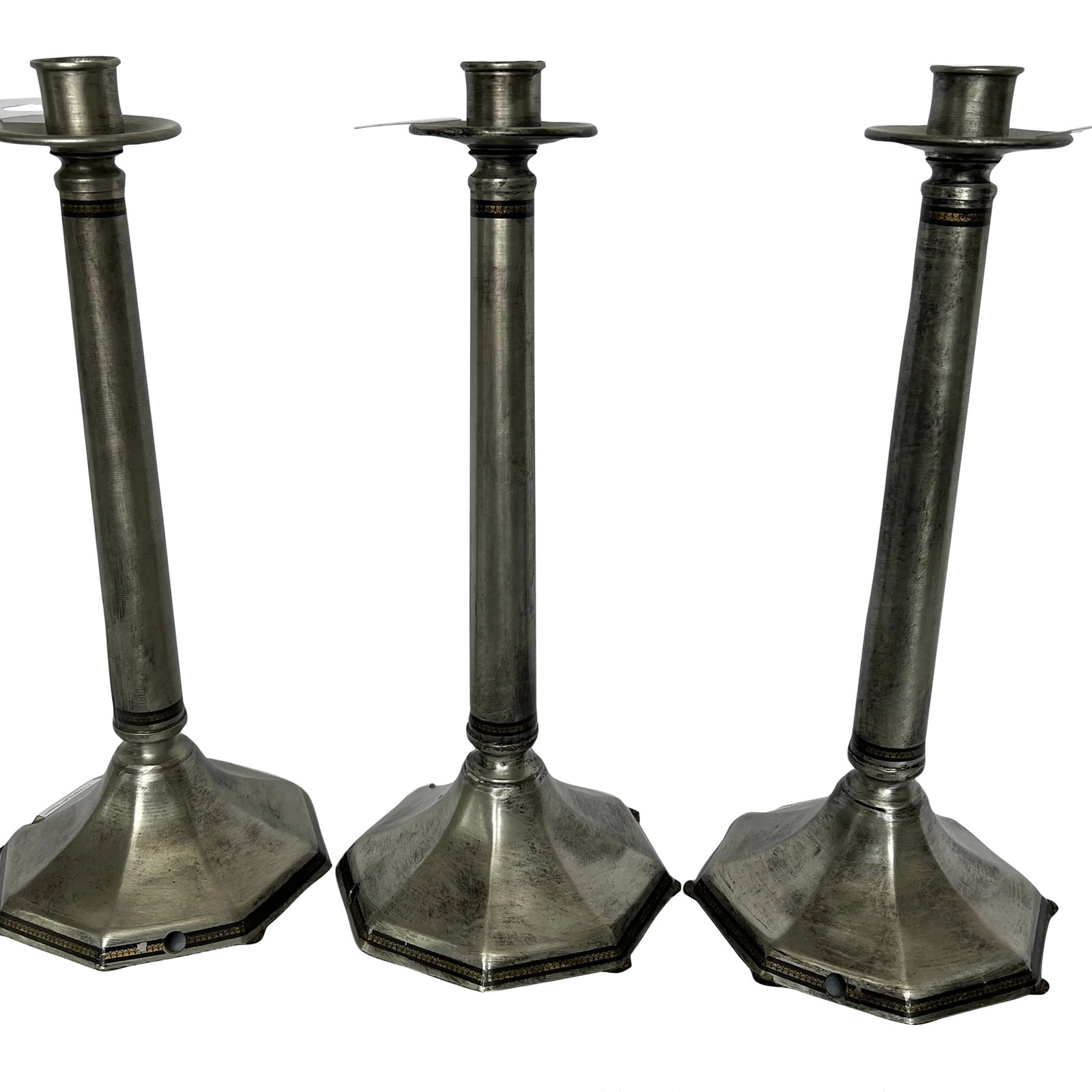 1990s Italian Pewter Candle Holder - Set of 3: Set of 3 Pewter's Candle Holder. Created in Italy. Made in the 1990s. Condition: Alterations: Original Condition Unaltered Imperfections: Some Imperfections Condition Notes: Excellent Condition