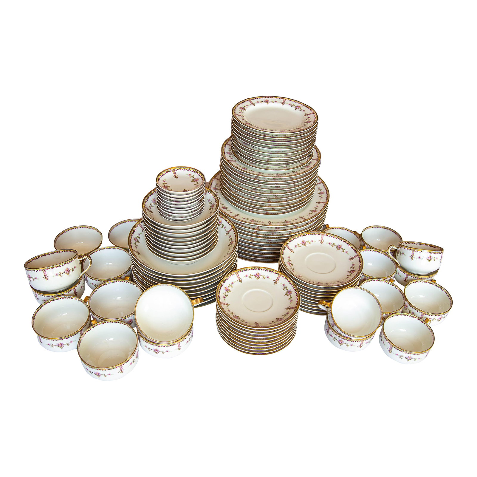 Antique Haviland Limoges Dinnerware Set- 100 Pieces: Heirloom bone china dinnerware with 10 place settings, crafted in the late 19th to early 20th century. Fine Haviland whiteware handpainted by Limoges artists with exquisite pink flowers and delicate f