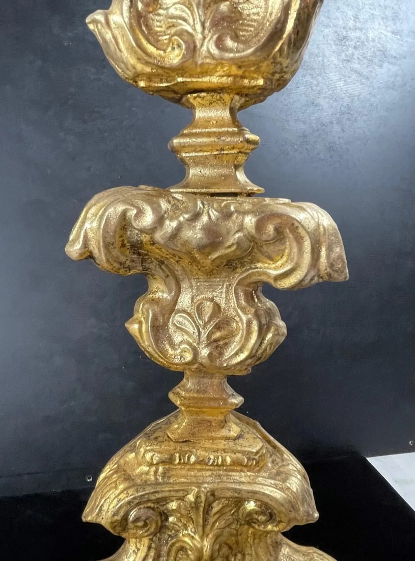 Italian 18th Century Baroque Gilt Copper Candlestick. - 11