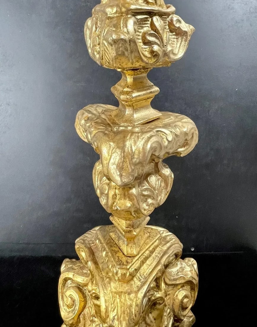 Italian 18th Century Baroque Gilt Copper Candlestick. - 4