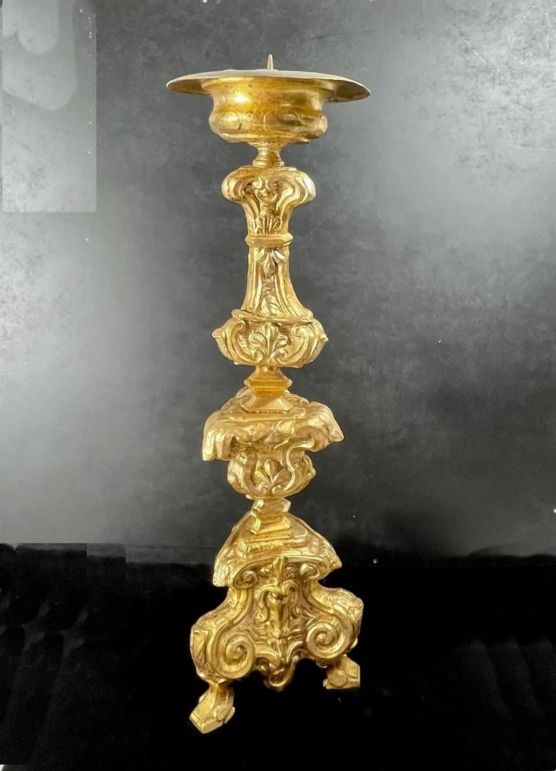 Italian 18th Century Baroque Gilt Copper Candlestick. - 6