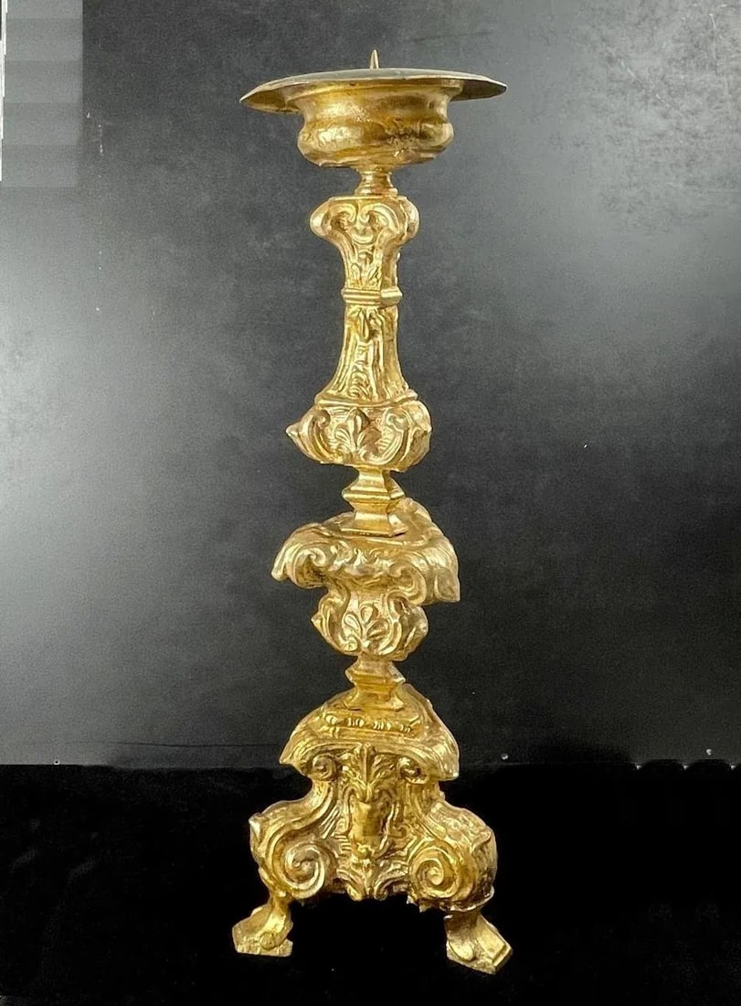 Italian 18th Century Baroque Gilt Copper Candlestick. - 8