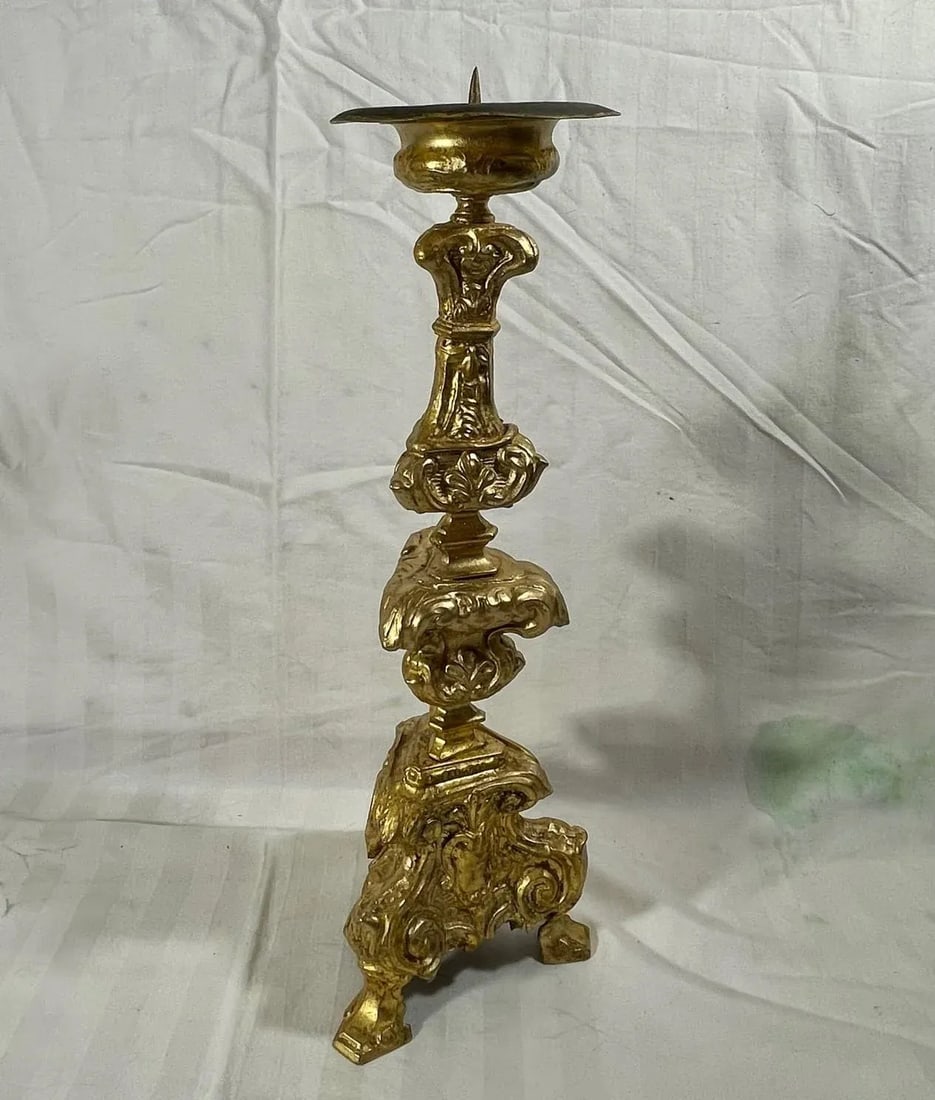 Italian 18th Century Baroque Gilt Copper Candlestick. - 9