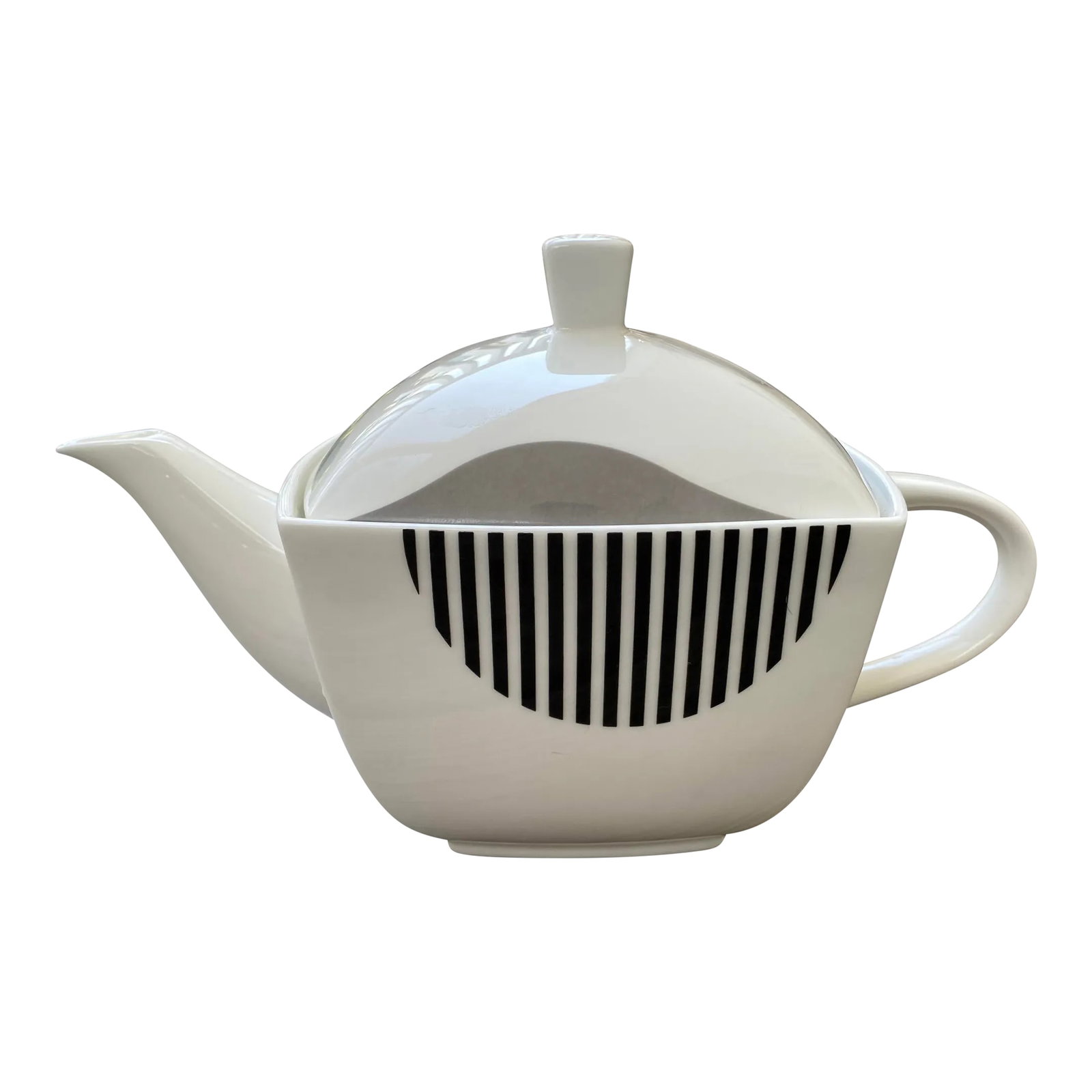 2002 Mikasa Charisma Wave Bone China Teapot: Beautiful bone china teapot by Mikasa. Black, gray and white swirls. Contemporary, Only manufactured for 1 year in 2002. Mint condition, no chips, cracks or crazing. 6.5" tall with lid. *Please note: 