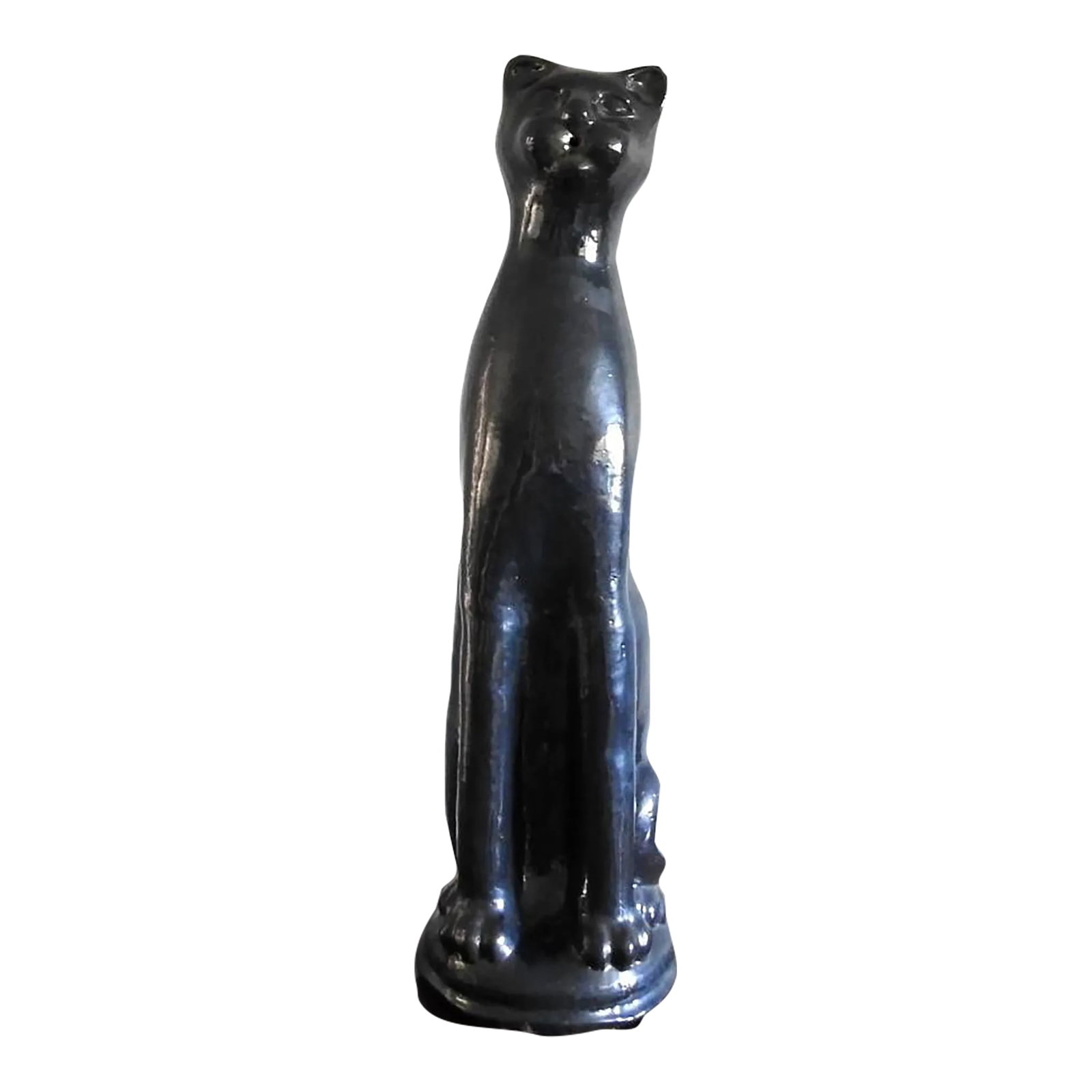 1970s Artisan Clay Cat Sculpture: Unique artisan fired clay cat sculpture with dark blue gloss glaze. Circa 1970s. The cat sculpture can be used as a cigarette holder. Perfect for a game room, party room, library. Very heavy. Not sign