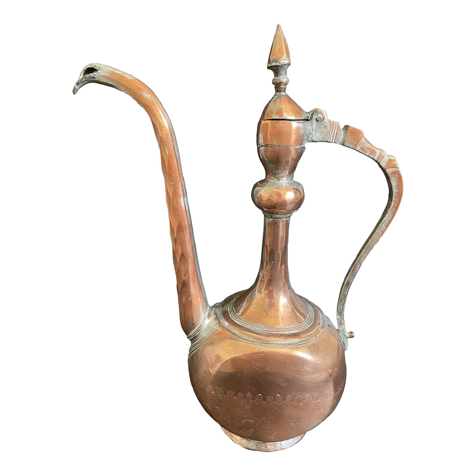 Antique 19th Century Persian Tinned Copper Aftaba Pitcher: Early 19th Century Antique Persian Tinned Copper Aftaba - Ewer. Hand hammered. Hinged lid. Measurements 14.5" Tall x 10.5" x 5" Net weight 3 lbs 13.95 oz Condition: Alterations: Original Condition Una