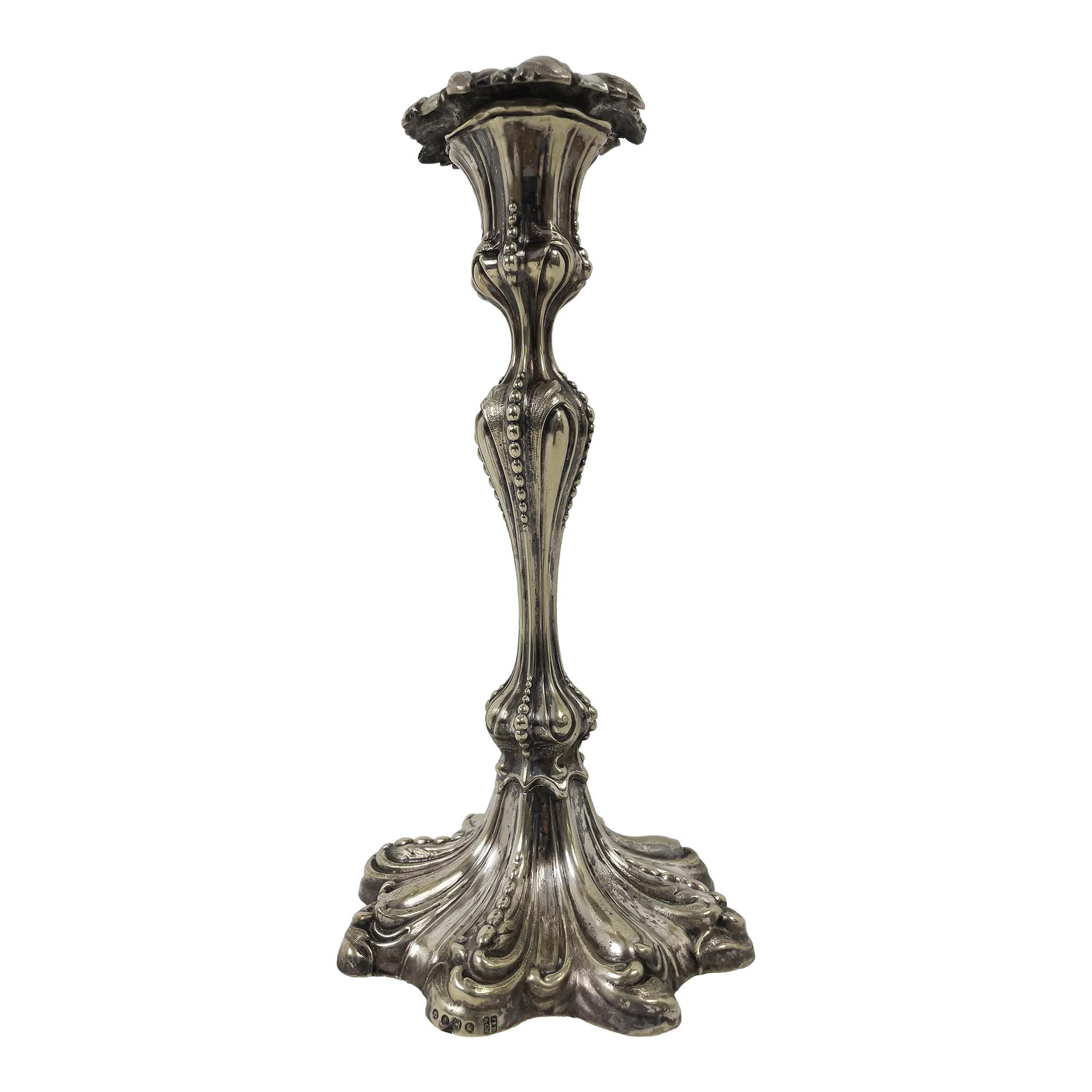 Late 19th Century Rococo Style Jfp & Co. Silver Plated Candlestick: A very ornate rococo style, late 19th century silver candlestick marked on the side of the base by manufacturer JFP & Co. The crown marking suggests an English provenance possibly Sheffield. There is