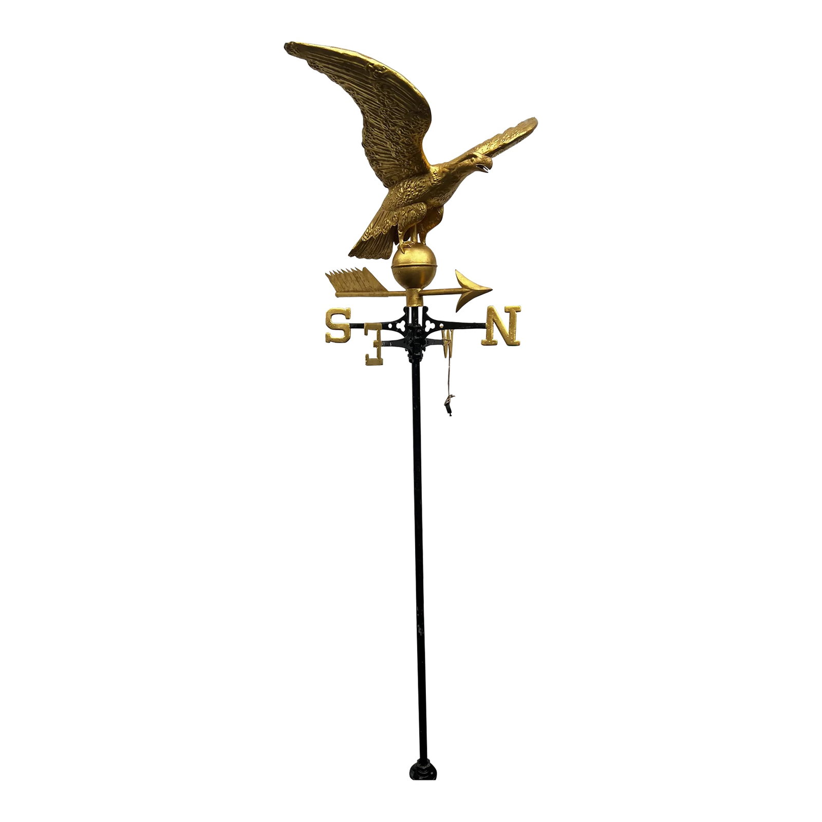 Mid 19th Century Gilt Painted Eagle Form Copper Weathervane: Gilt-Painted Eagle-Form Copper Weathervane. Used condition, wear, worn, chips. 65"H with pole x 25"W from wing to wing x 24"D x 24"H gilt part Condition: Alterations: Original Condition Unaltered