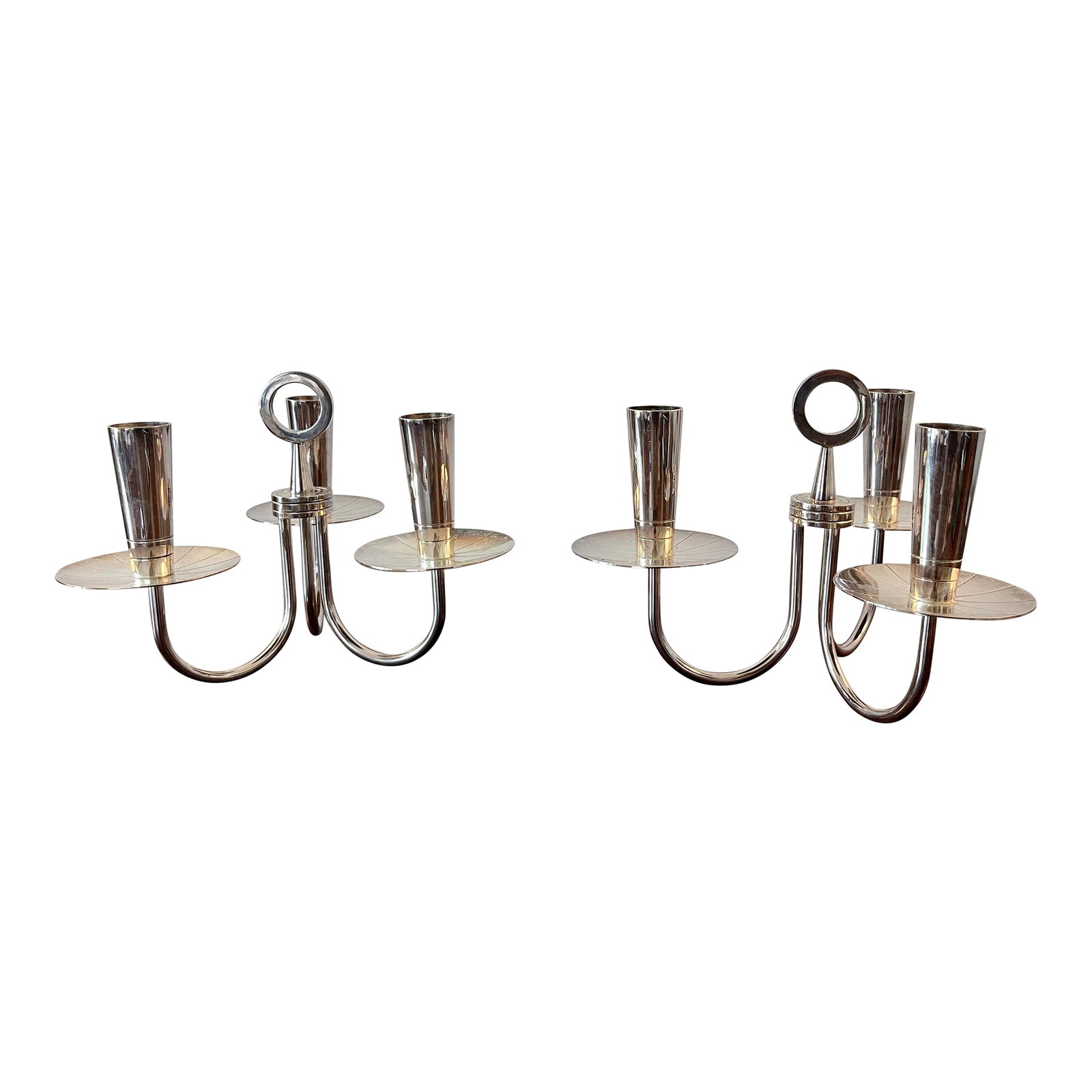 Pair of Mid 20th Century Tommi Parzinger Candle Holders Silver Plated Candelabra: Amazing pair of candleholders attributed to Tommi Parzinger. I believe they're silver plate, some areas with slight but tarnish, I have not tried to polish them. Unmarked as far as I can tell, high
