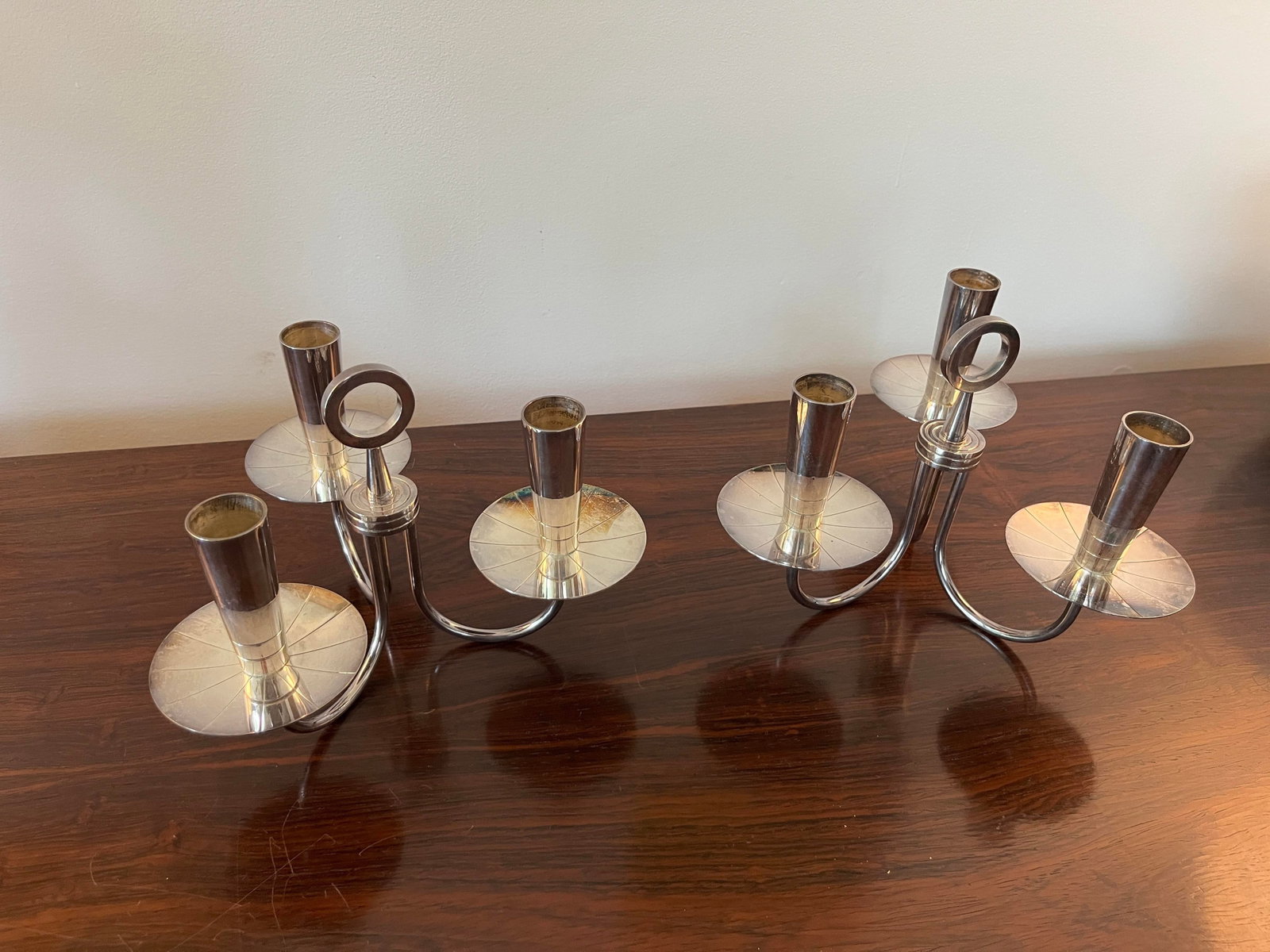 Pair of Mid 20th Century Tommi Parzinger Candle Holders Silver Plated Candelabra - 3