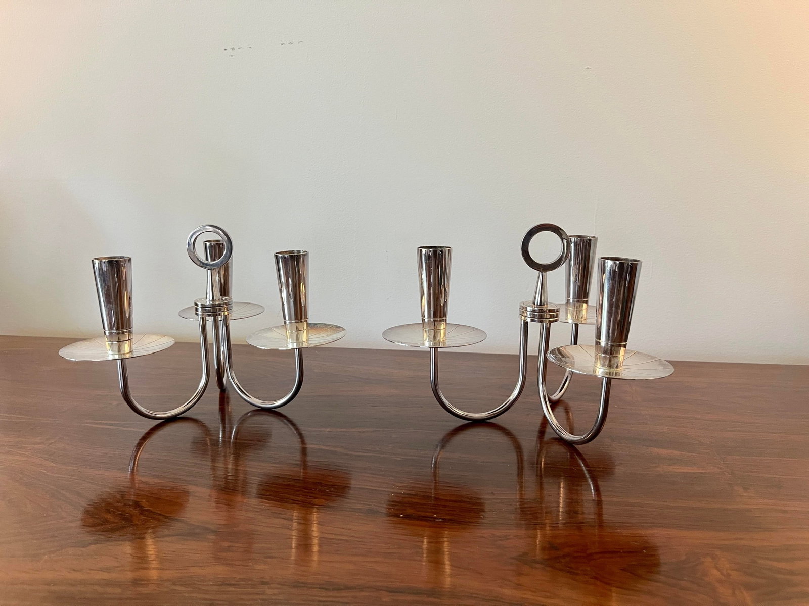 Pair of Mid 20th Century Tommi Parzinger Candle Holders Silver Plated Candelabra - 7