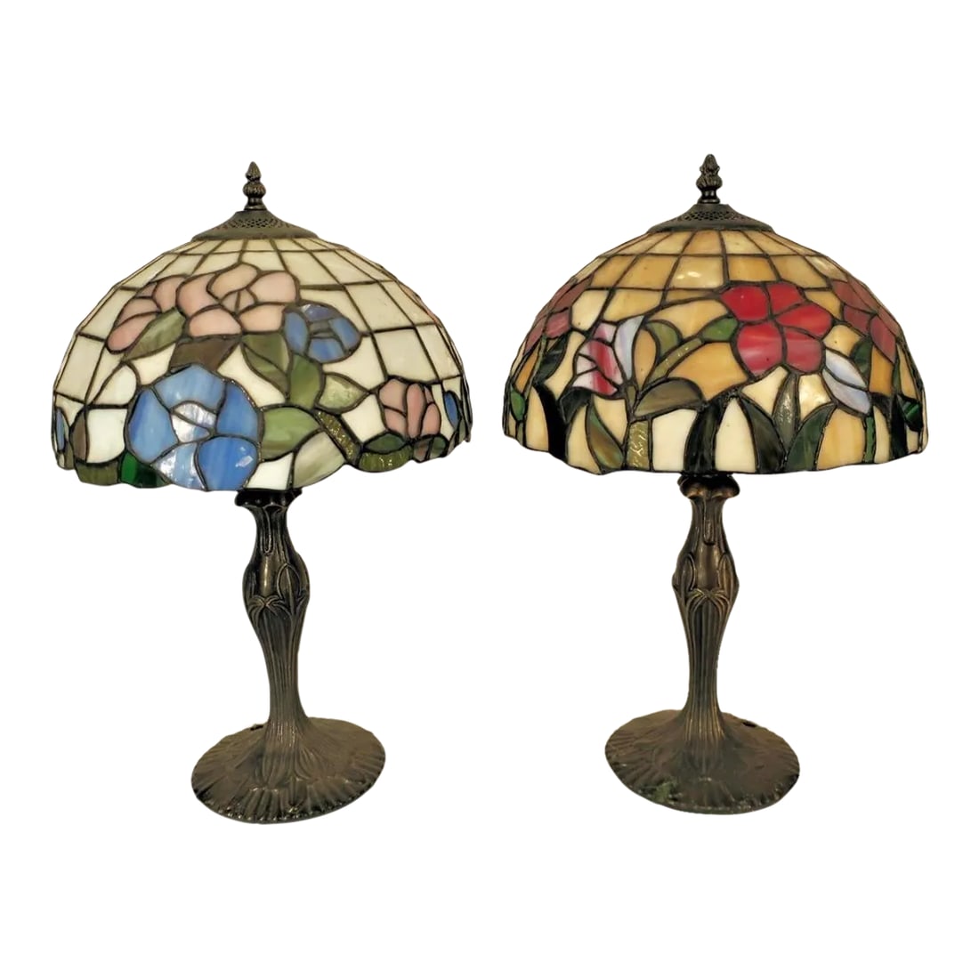 Pair of Vintage Art Nouveau Style Leaded Glass Lamps: Pair of Art Nouveau Style Lamps with Leaded Glass shades and metal base. 20" H x 12" Diameter Condition: Alterations: Original Condition Unaltered Imperfections: Some Imperfections Condition Notes: