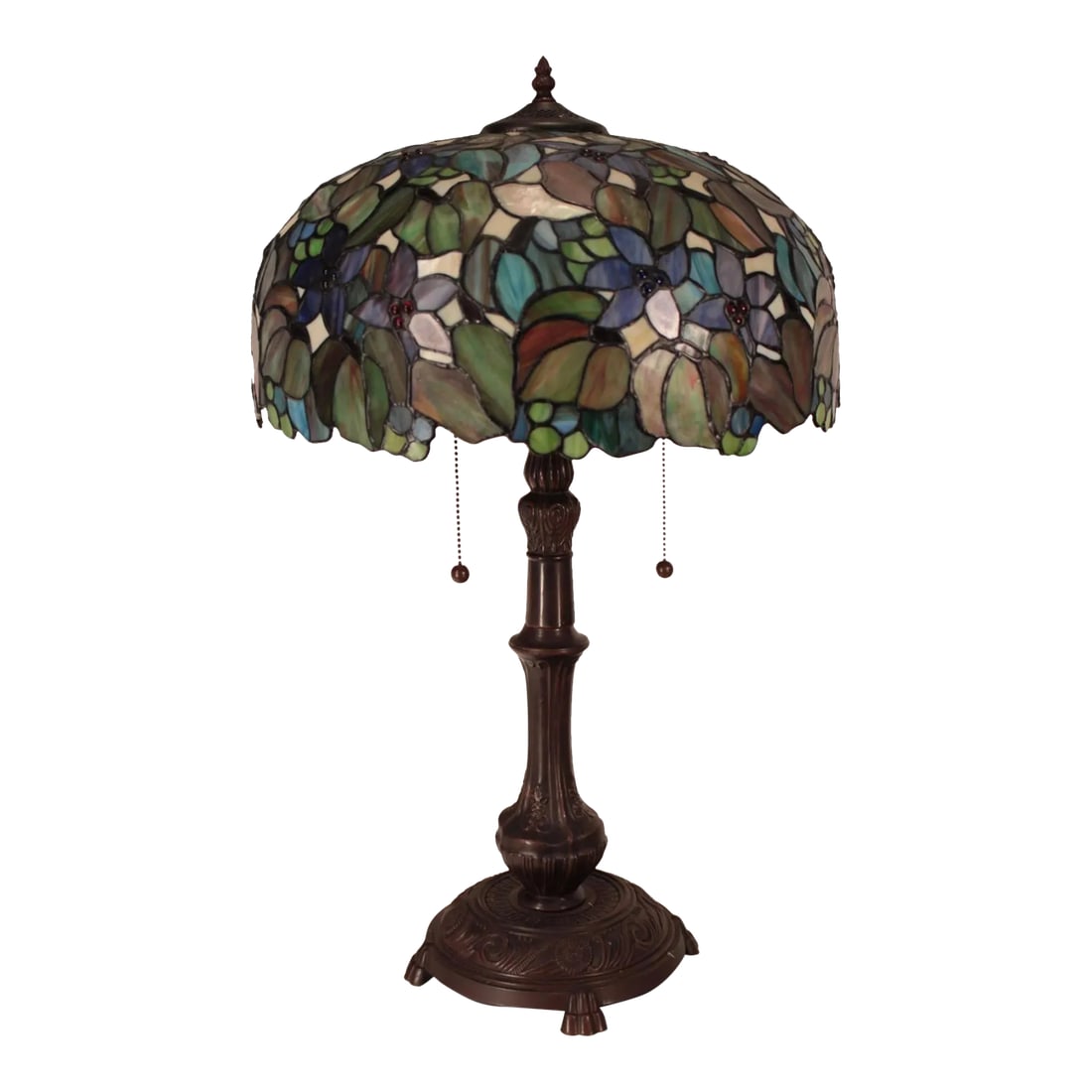 Vintage Large Art Nouveau Style Table Lamp: Large Art Nouveau Style leaded stained glass and metal base table lamp 27" H x 14" Dia. Condition: Alterations: Original Condition Unaltered Imperfections: Some Imperfections Condition Notes: In good 