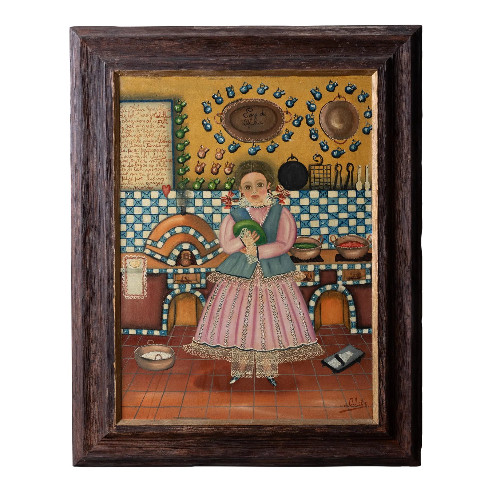 Agapito Labios - Girl in Kitchen: Agapito Labios Mexican, 1898-1996 Girl in Kitchen oil on canvas canvas: 24 by 27 inches frame: 27 1/4 by 34 1/2 inches signed lower right Labios with a note from the young chef upper left. Agapito