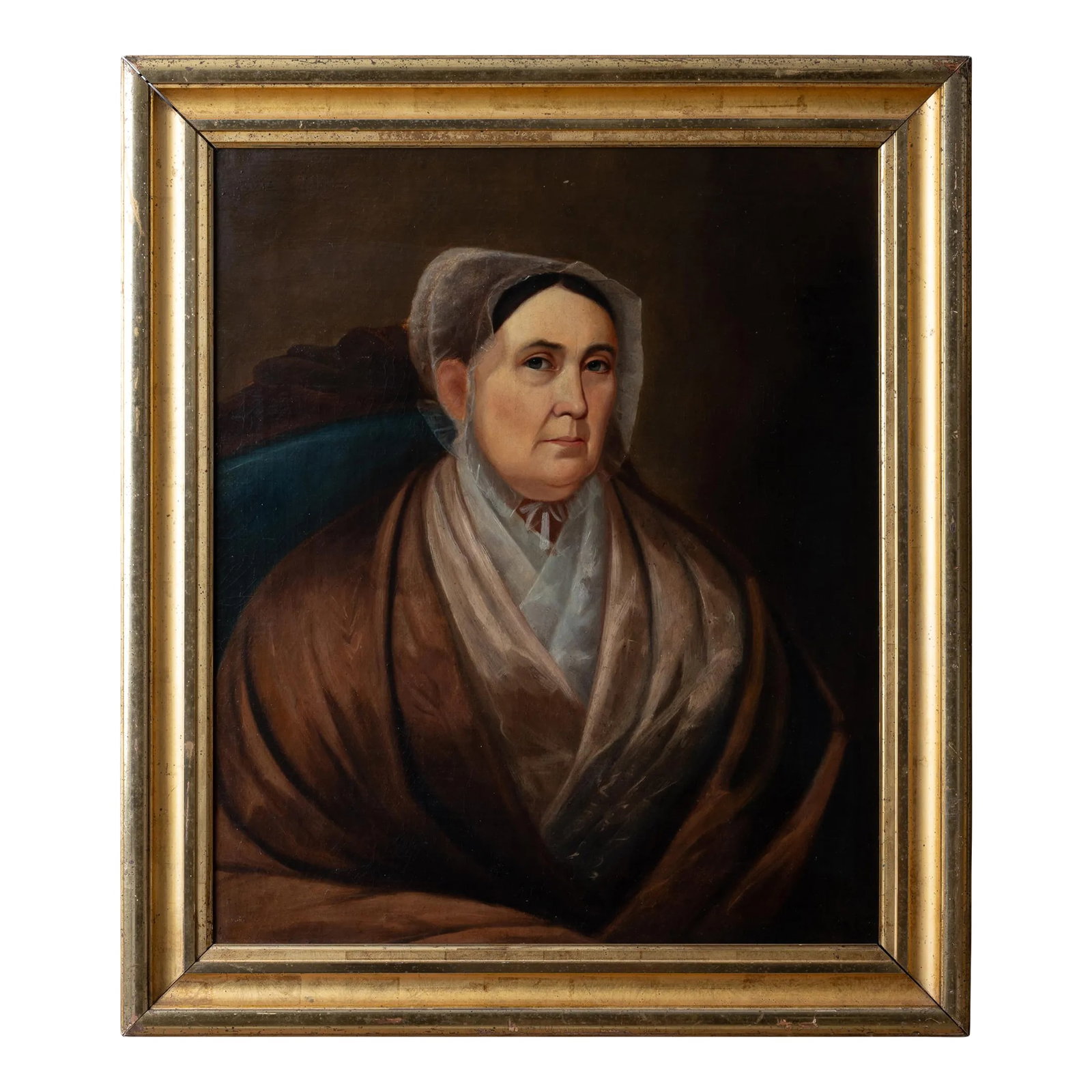 Primitive Portrait of a Lady, 19th Century: A primitive portrait of a lady, mid 19th century. canvas: 25 by 30 inches frame: 31 by 36 inches Condition: Alterations: Original Condition Unaltered Imperfections: Some Imperfections Condition Notes: