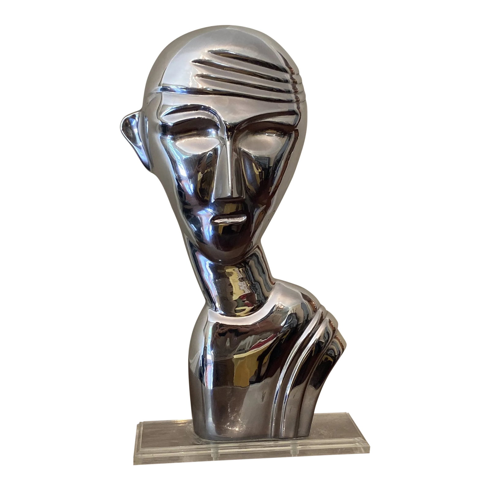 Vintage 1970s Chrome Bust on Lucite Base: This stylish and chic Art Deco revival bust of a man on lucite is very much in the style of pieces created by Franz Hagenaur in Austria. Very interesting and unusual! Condition: Alterations: Original 