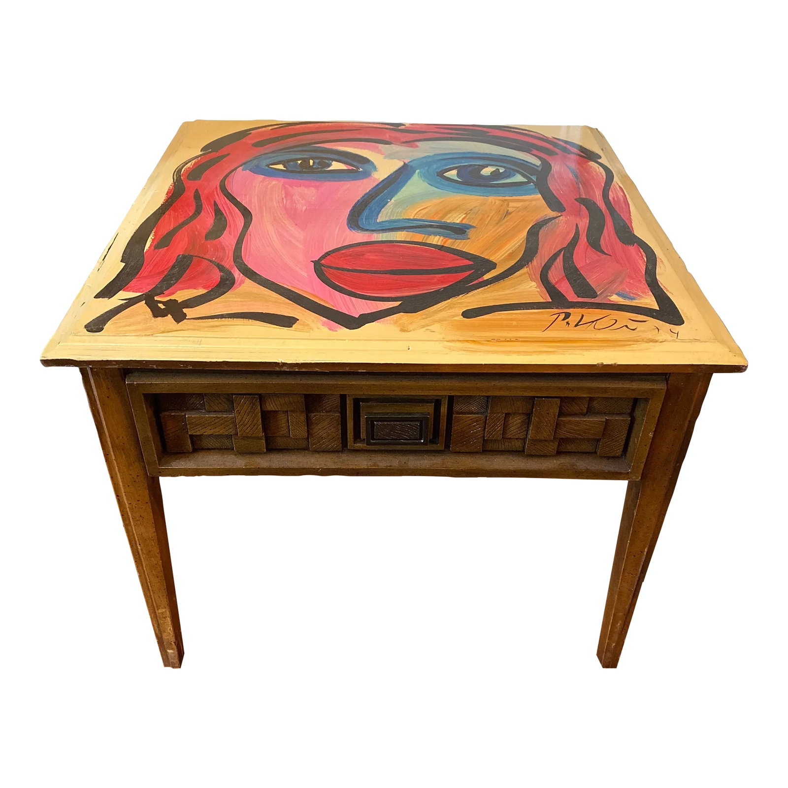 1970s Peter Keil Hand Painted Abstract Table: Exceptional and unique Table Hand Painted by German Listed Artist Peter Robert Keil ( Born 1942) it depicts an abstract face in bright vibrant colors on a Sculptural wood frame. Signed P Keil 74
