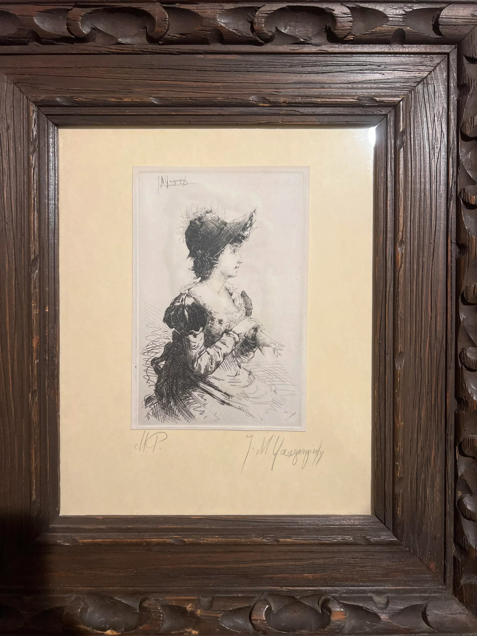 Ignaz Marcel Gaugengigl (German, 1855-1932) Profile of a Women Drypoint Etching - 3