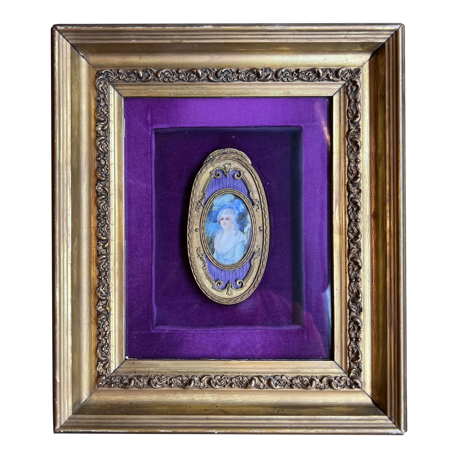 19th Century French d'Ore Bronze Enameled Portrait of a Noble Lady: France, circa 1900. An antique French school painting of a noble women on likely paper or animal bone. The painting is housed inside a bronze d'ore frame and accented by purple enamel and