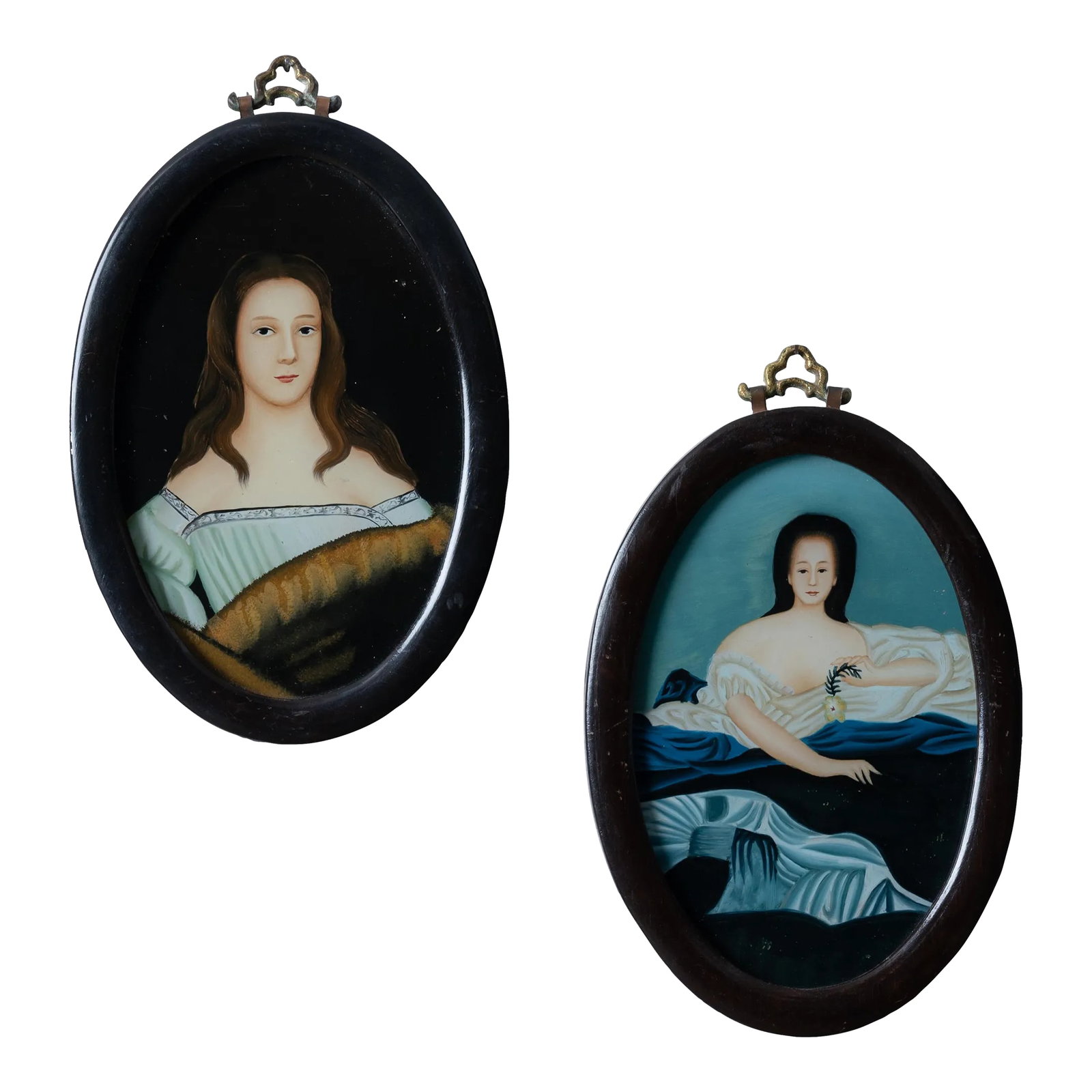 Chinese Export Portraits, 19th Century - a Pair: A pair of Chinese export reverse glass painted portraits, late 19th century. 6 1/4 inches wide by 9 inches tall Condition: Alterations: Original Condition Unaltered Imperfections: Some Imperfections