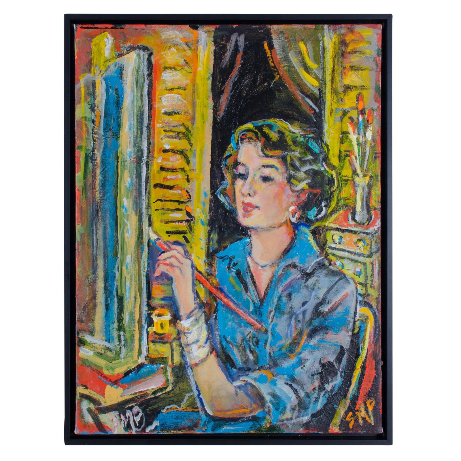 Abstract Oil Painting on Canvas, "Self-Portrait" by Suzanne McCullough Plowden: Self-potrait by Suzanne McCullough Plowden. oil on canvas Signed lower left, SMP Sight 18 by 24 inches Frame 19 1/4 by 25 1/4 inches Newly framed in black floater frames. The paintings are in