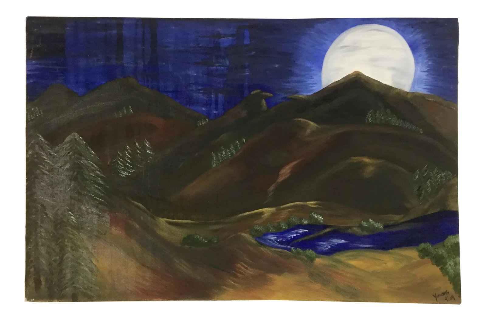 Large "Eagle Peak" Oil Painting on Canvas: Original oil painting of Eagle Peak among mountains and the full moon. Gorgeous colors of rich Cobalt blue, warm greens and rich browns. Signed "Young 9/04" Condition: Alterations: Original Condition 