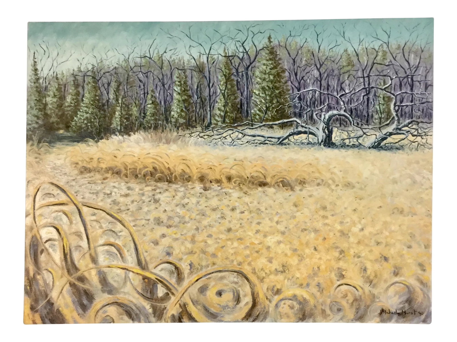 Large 1990's Original Expressionist Landscape Oil Painting: Gorgeous oil painting on canvas stretched and ready to hang. A very cool technique that calls you to walk through the fields. Signed at lower right corner. Condition: Alterations: Original Condition
