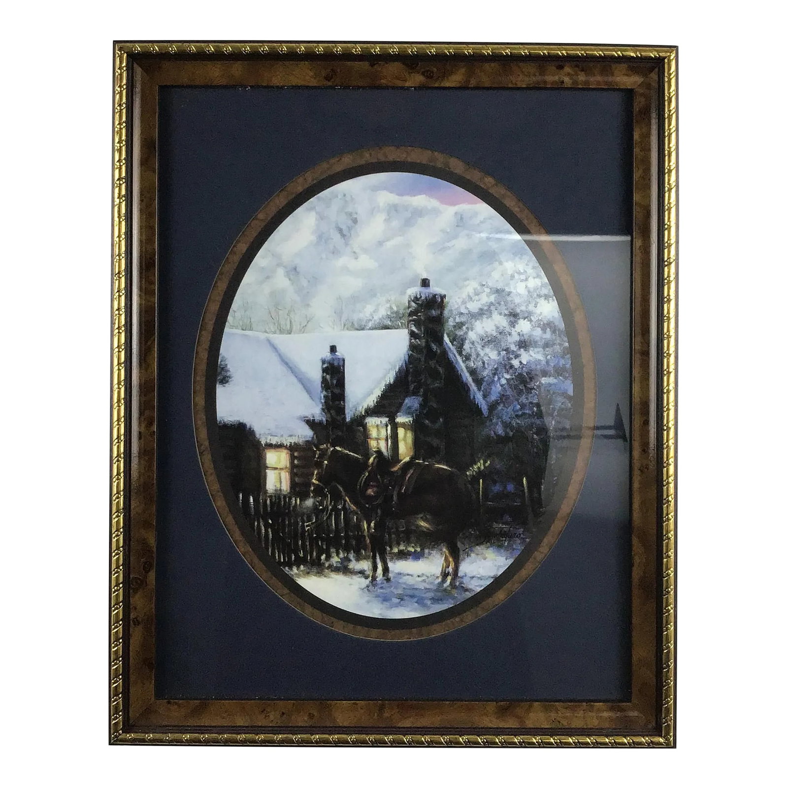Vintage Wood Framed With Glass Solitary Horse: Perfect framed matted art to show off in your guest bathroom or man cave. Nicely presented in a good edged burl wood looking frame. Fun print to discover with navy blue and subtle grey and whites