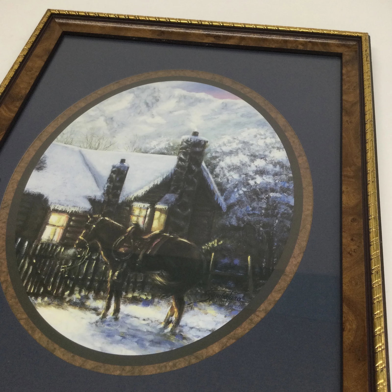 Vintage Wood Framed With Glass Solitary Horse - 9