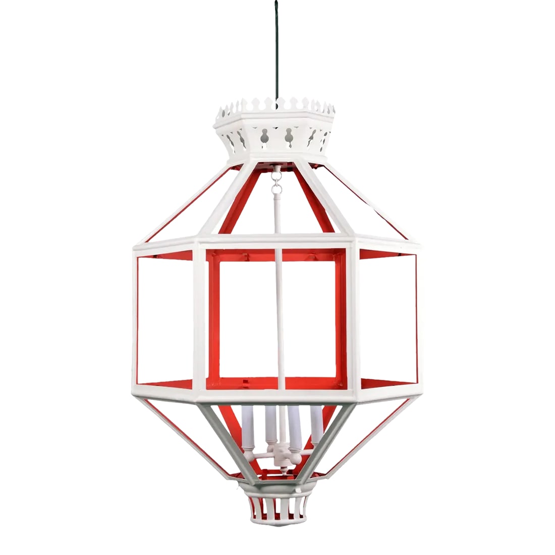 Vintage Hexagon Tole Lantern Chandelier With Crown on Top. 4 Cluster to Hold the Bulb, Two Tone Oran: Vintage Hexagon tole lantern chandelier with crown on top. 4 cluster to hold the bulb, two-tone orange/white to add the room joyful and whimsical. 20" diameter, to the top of crown 30", There is a 12"