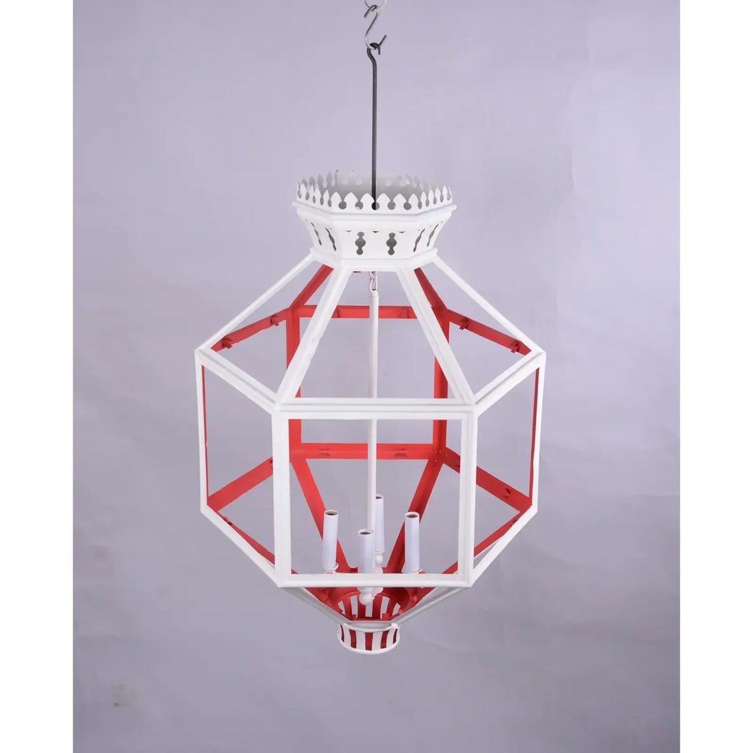 Vintage Hexagon Tole Lantern Chandelier With Crown on Top. 4 Cluster to Hold the Bulb, Two Tone Oran - 2