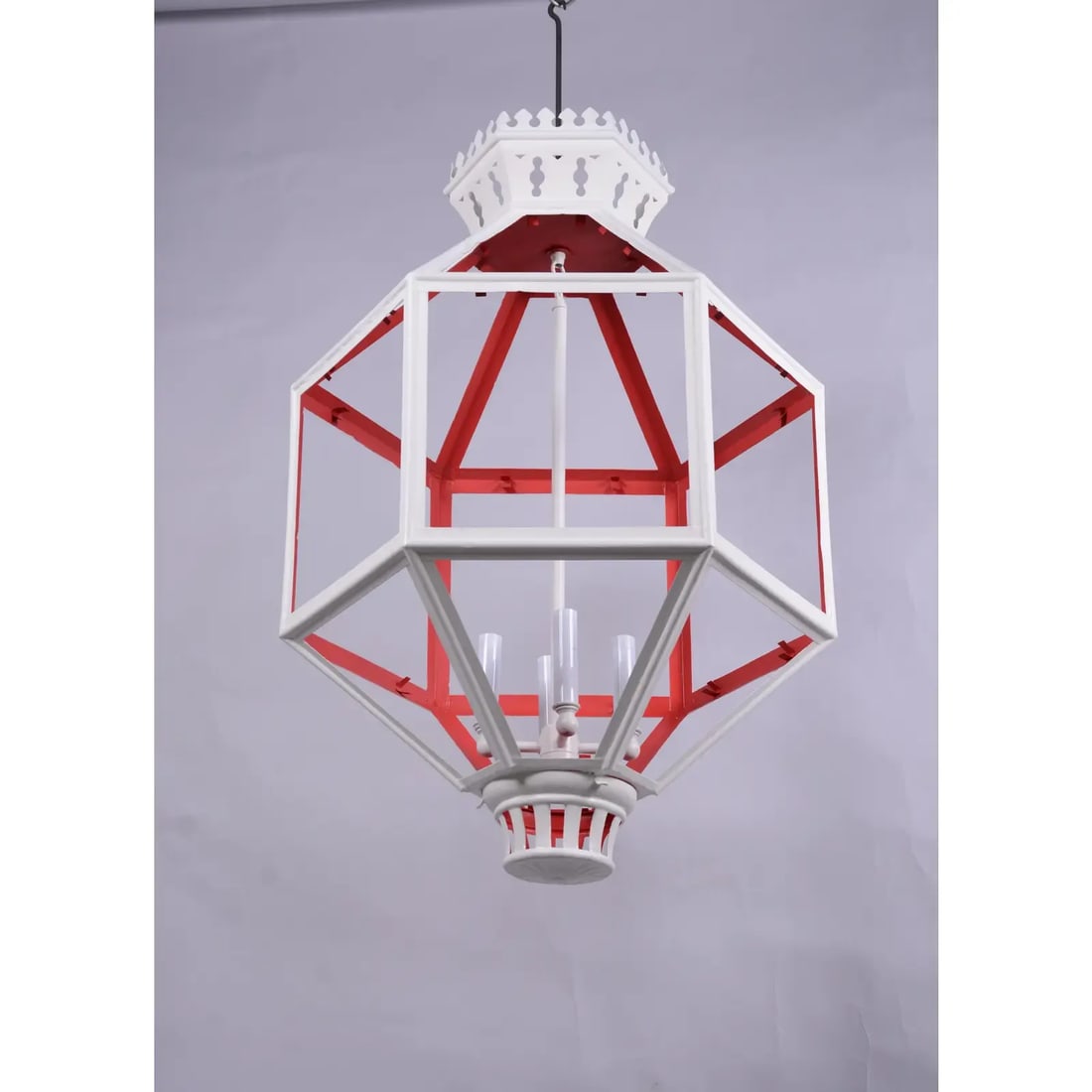 Vintage Hexagon Tole Lantern Chandelier With Crown on Top. 4 Cluster to Hold the Bulb, Two Tone Oran - 4